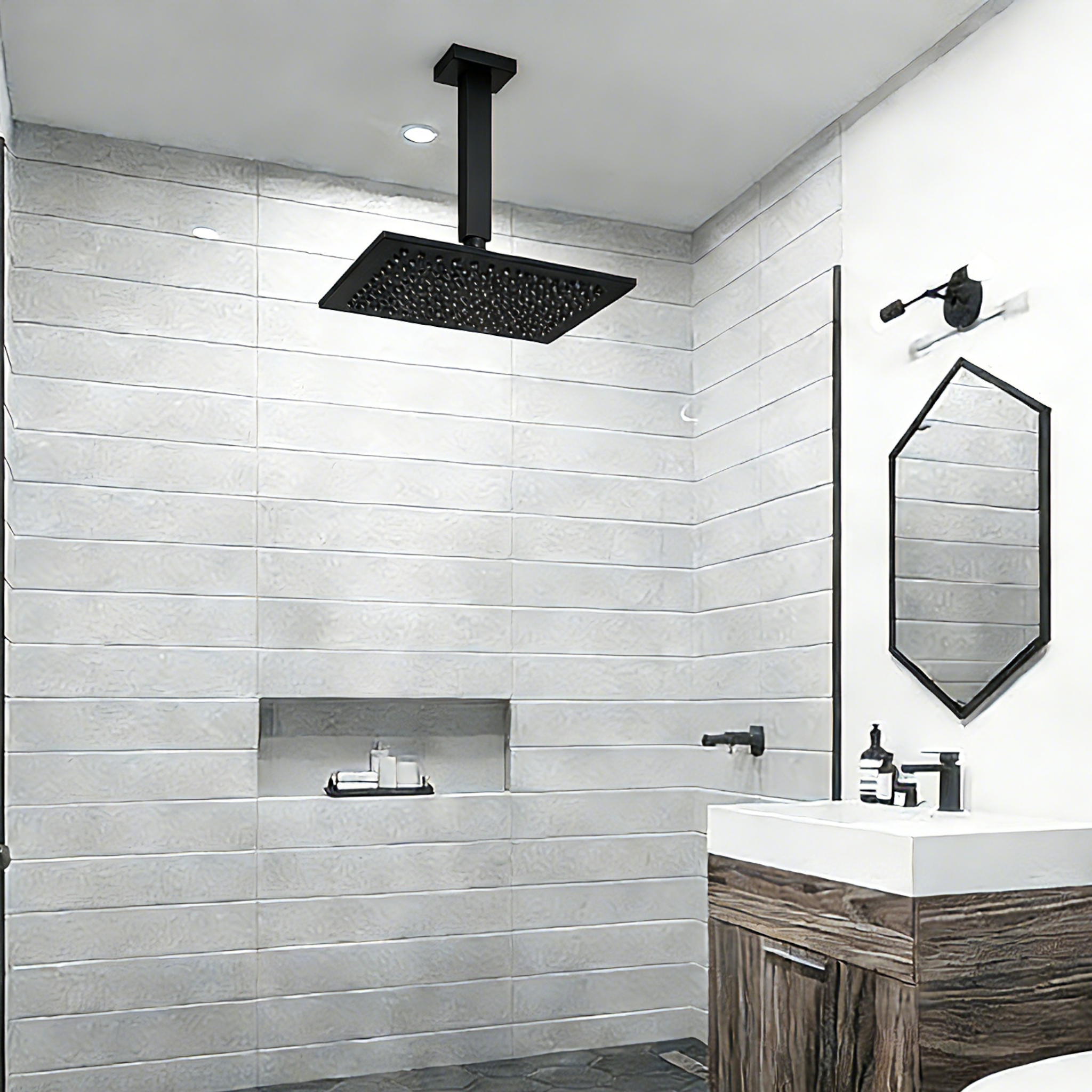 Aquaiaw Square Shower Arm and Anti-Scratch O-Ring Flange, 8 inch, Solid Brass, Both Soldered 1/2 NPT Tapered Threads, Ceiling Mount, Matte Black