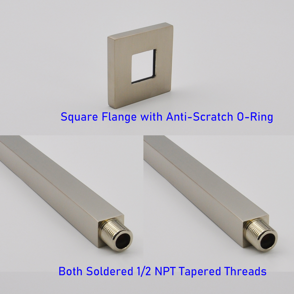 Aquaiaw Square Shower Arm and Anti-Scratch O-Ring Flange, 8 inch, Solid Brass, Both Soldered 1/2 NPT Tapered Threads, Ceiling Mount, PVD Brushed Nickel