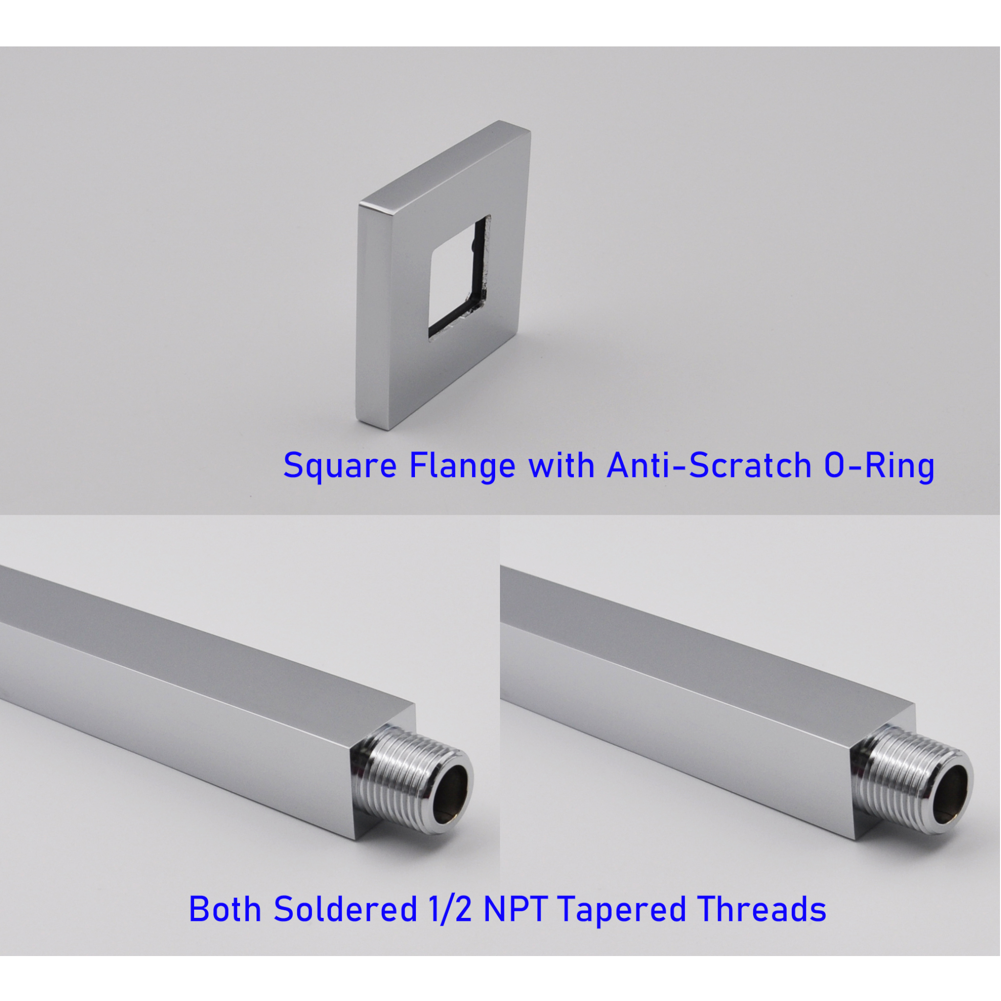 Aquaiaw Square Shower Arm and Anti-Scratch O-Ring Flange, 3 inch, Solid Brass, Both Soldered 1/2 NPT Tapered Threads, Ceiling Mount, Polished Chrome