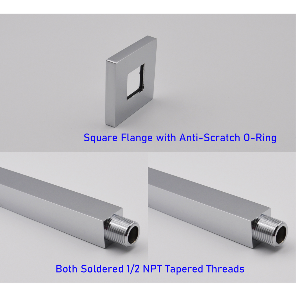 Aquaiaw Square Shower Arm and Anti-Scratch O-Ring Flange, 6 inch, Solid Brass, Both Soldered 1/2 NPT Tapered Threads, Ceiling Mount, Polished Chrome