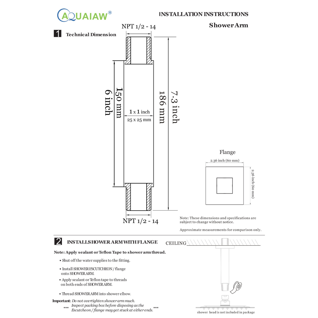 Aquaiaw Square Shower Arm and Anti-Scratch O-Ring Flange, 6 inch, Solid Brass, Both Soldered 1/2 NPT Tapered Threads, Ceiling Mount, Matte Black