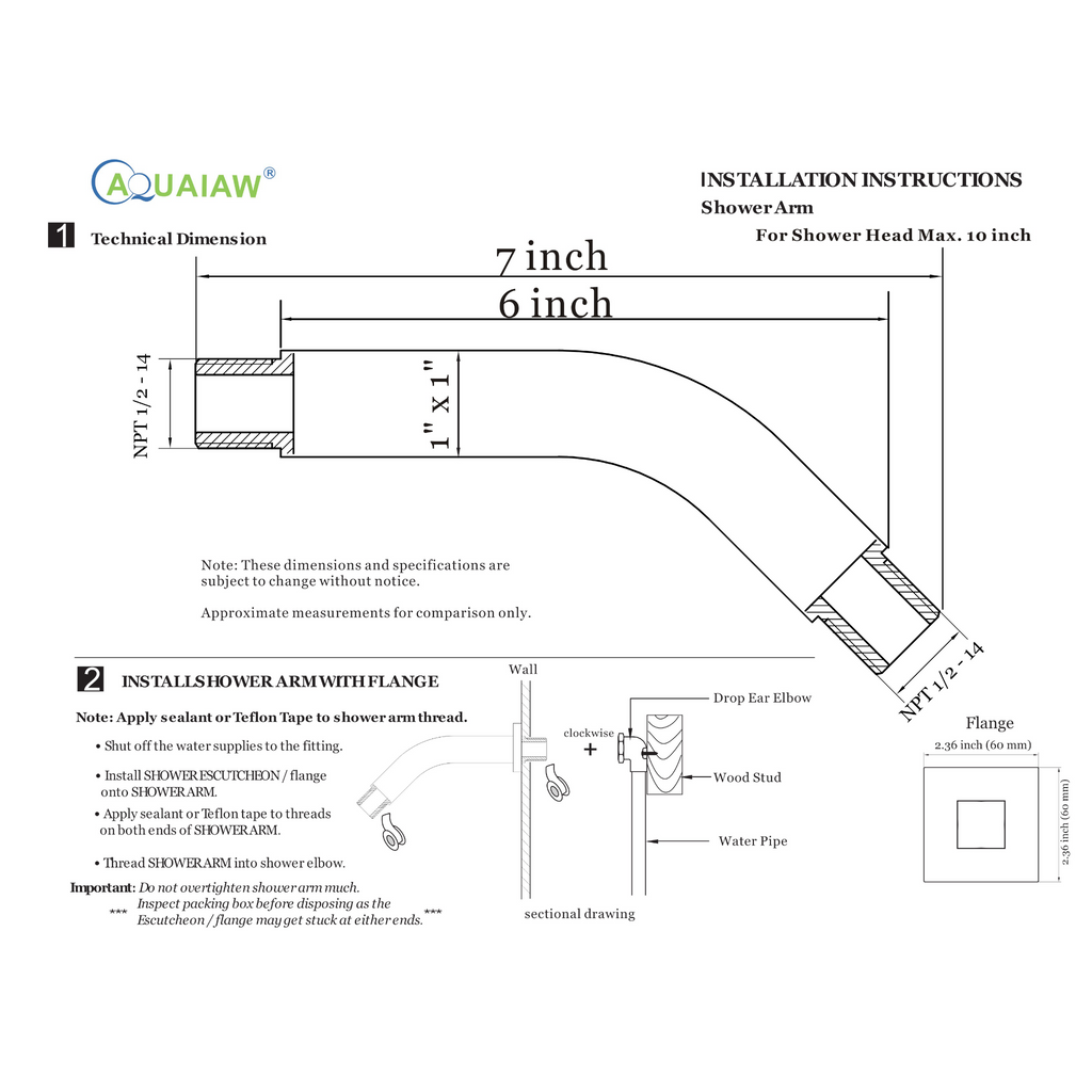 Aquaiaw Square Shower Arm and Anti-Scratch O-Ring Flange, 6 inch, Solid Brass, Both Soldered 1/2 NPT Tapered Threads, Wall Mount, Matte Black