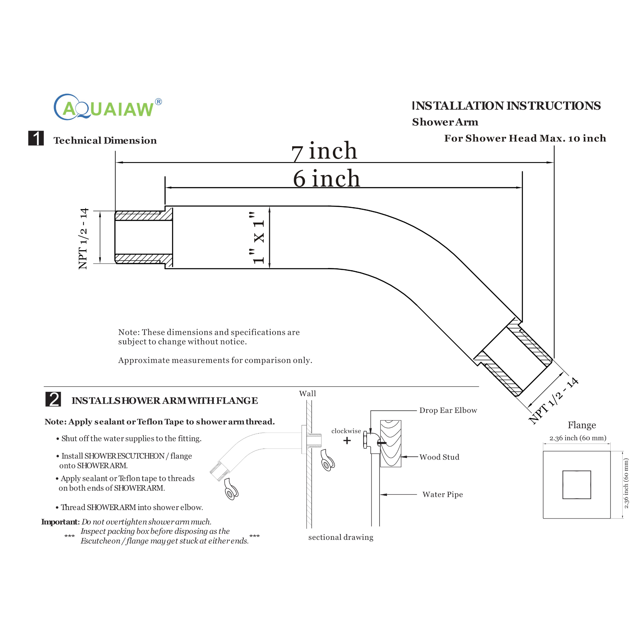 Aquaiaw Square Shower Arm and Anti-Scratch O-Ring Flange, 6 inch, Solid Brass, Both Soldered 1/2 NPT Tapered Threads, Wall Mount, PVD Brushed Nickel