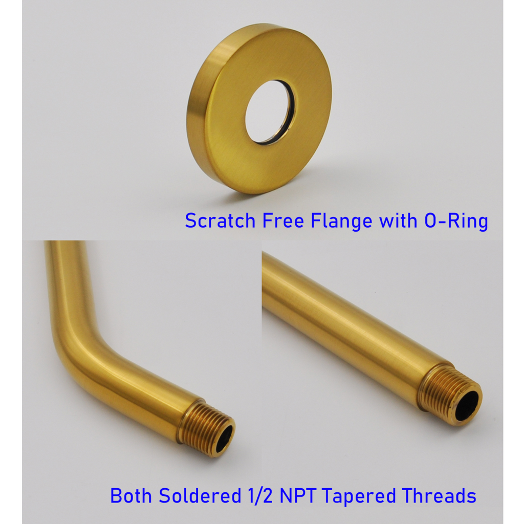 Aquaiaw Shower Arm and O-Ring Flange, 6 inch, Solid Brass, Round, Both Soldered 1/2 NPT Tapered Threads, Wall Mount, Brushed Gold