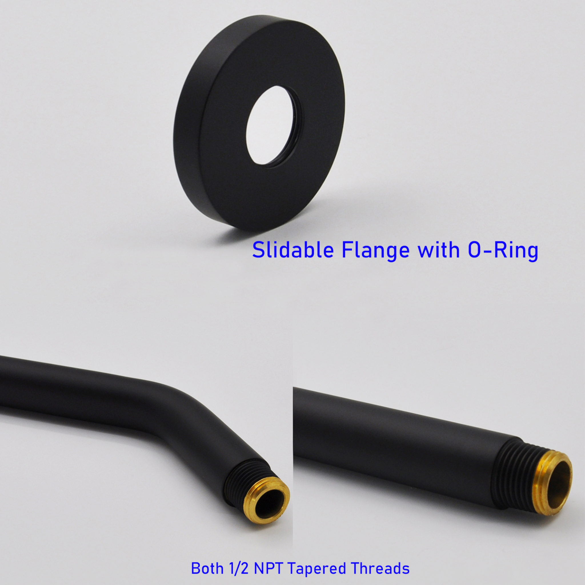 Aquaiaw Shower Arm and O-Ring Flange, 6 inch, Solid Brass, Round, Both Soldered 1/2 NPT Tapered Threads, Wall Mount, Matte Black