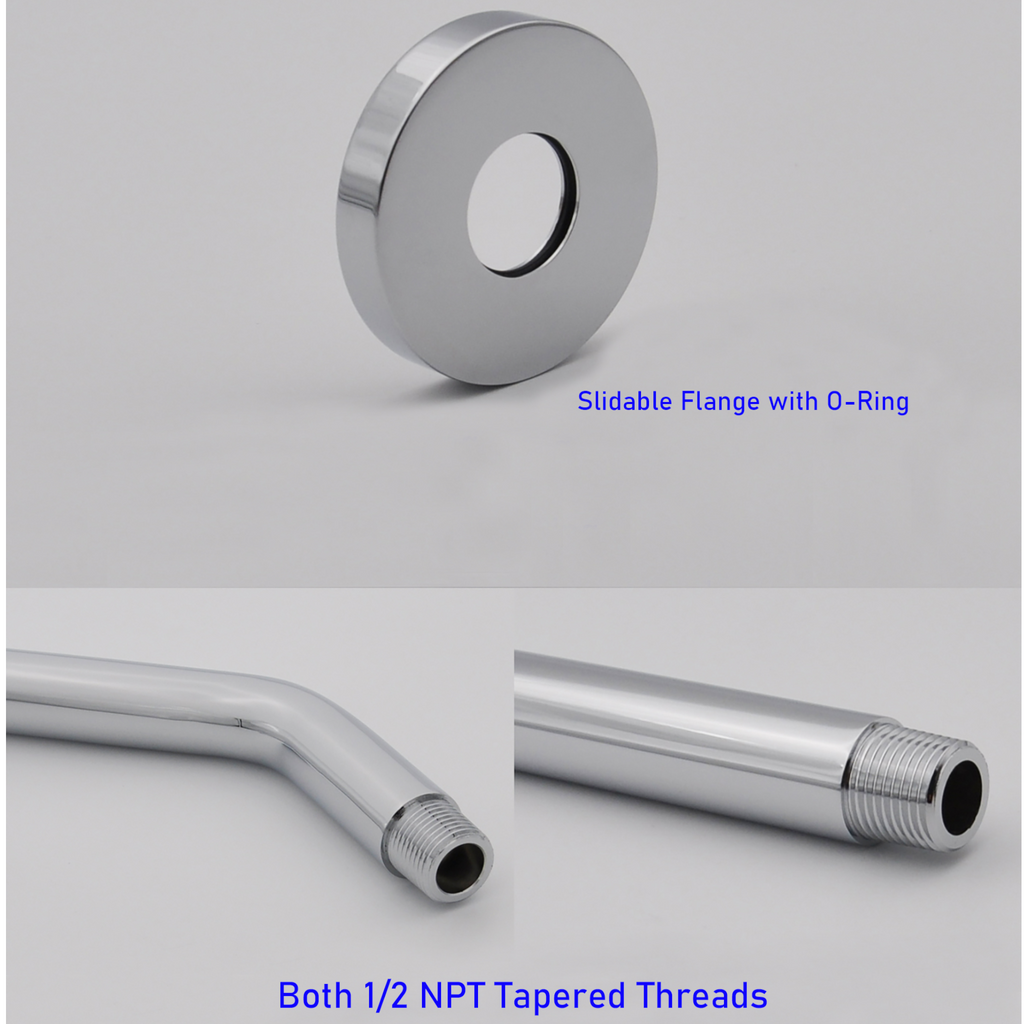Aquaiaw Shower Arm and O-Ring Flange, 6 inch, Solid Brass, Round, Both Soldered 1/2 NPT Tapered Threads, Wall Mount, Polished Chrome