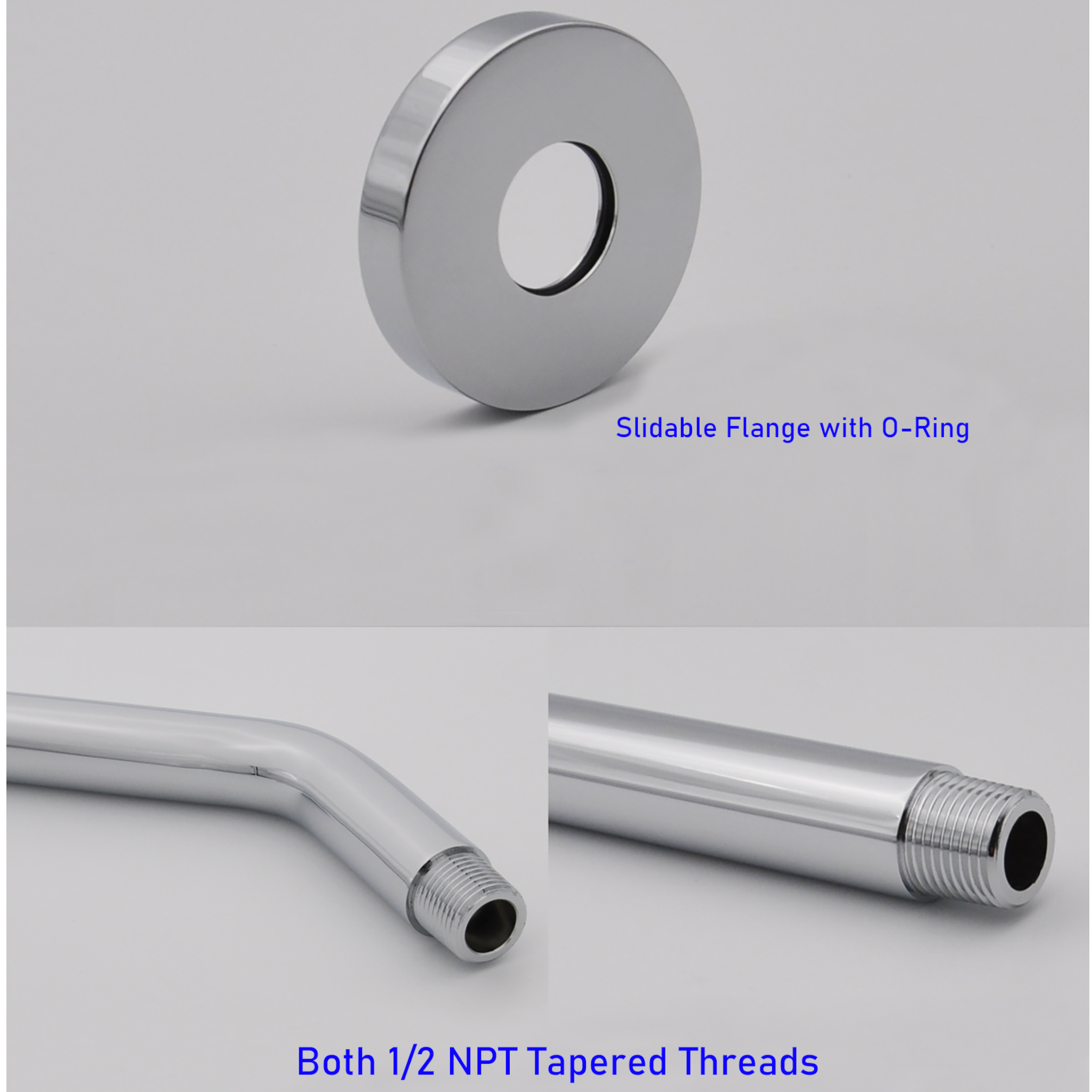 Aquaiaw Shower Arm and O-Ring Flange, 8 inch, Solid Brass, Round, Both Soldered 1/2 NPT Tapered Threads, Wall Mount, Polished Chrome