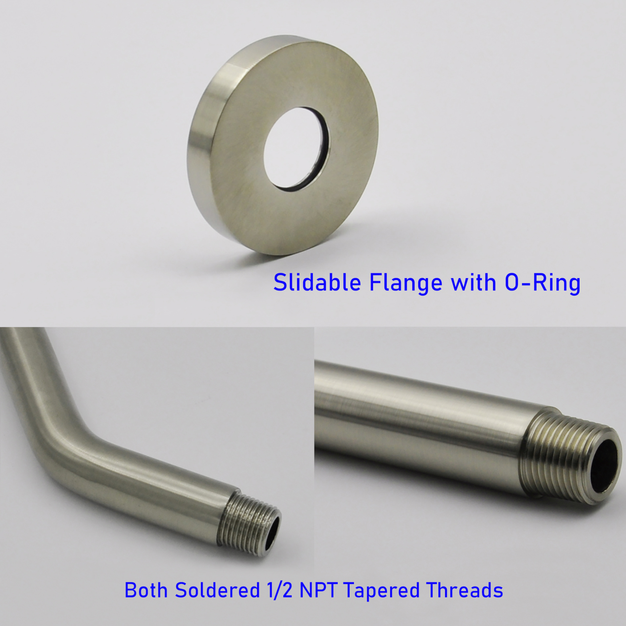 Aquaiaw Shower Arm and O-Ring Flange, 8 inch, Solid Brass, Round, Both Soldered 1/2 NPT Tapered Threads, Wall Mount, PVD Brushed Nickel