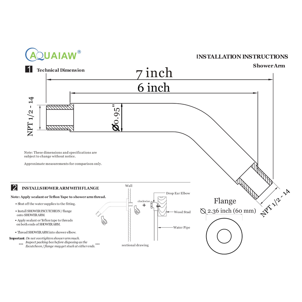 Aquaiaw Shower Arm and O-Ring Flange, 6 inch, Solid Brass, Round, Both Soldered 1/2 NPT Tapered Threads, Wall Mount, PVD Brushed Nickel
