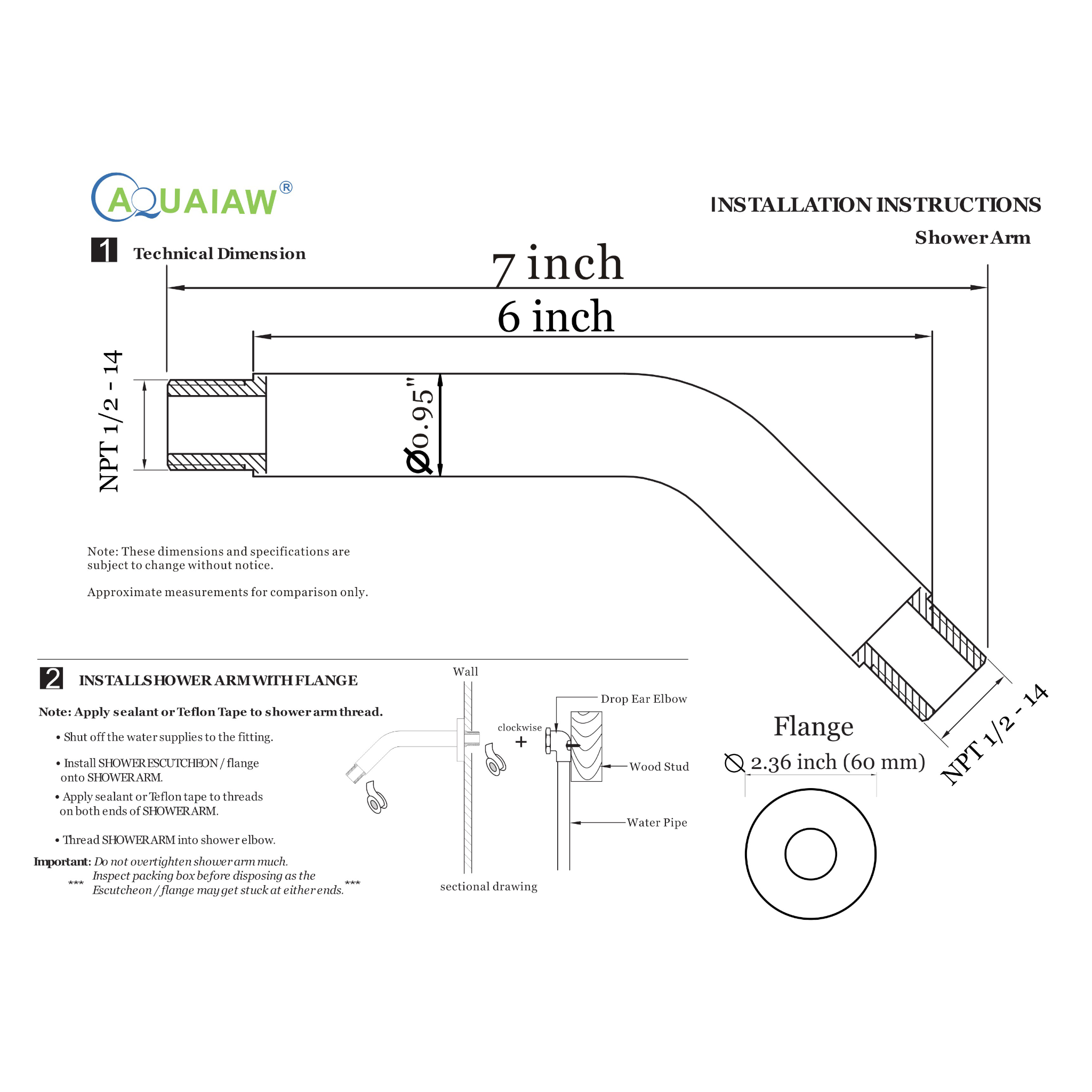 Aquaiaw Shower Arm and O-Ring Flange, 6 inch, Solid Brass, Round, Both Soldered 1/2 NPT Tapered Threads, Wall Mount, Matte Black
