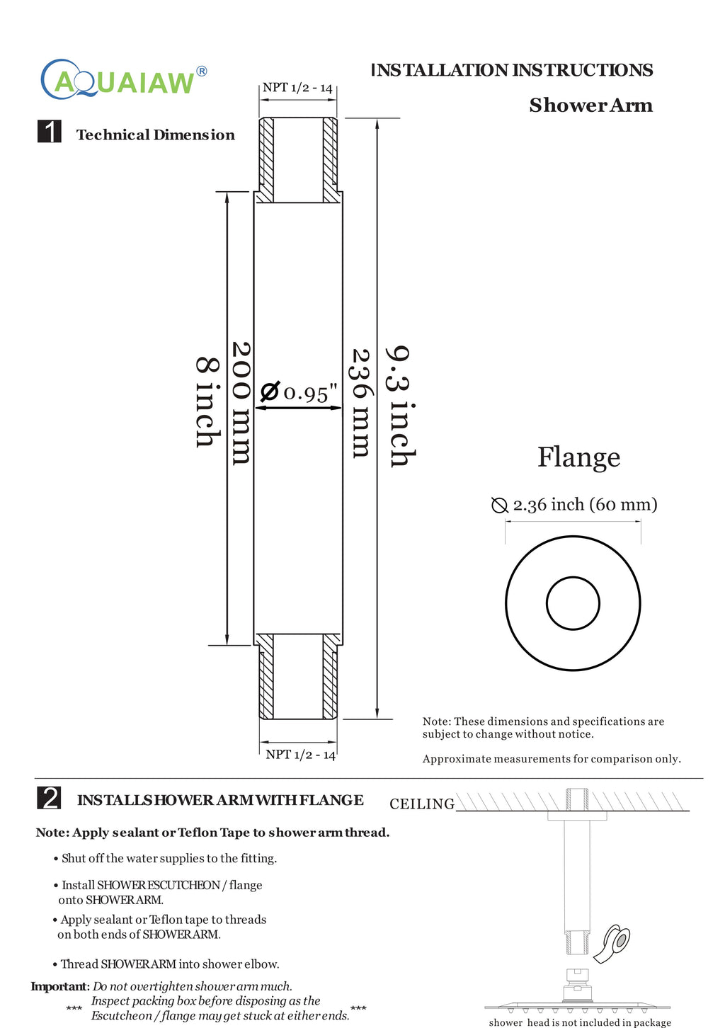 Aquaiaw Shower Arm and O-Ring Flange, 8 inch, Solid Brass, Round, Both Soldered 1/2 NPT Tapered Threads, Ceiling Mount, Brushed Gold
