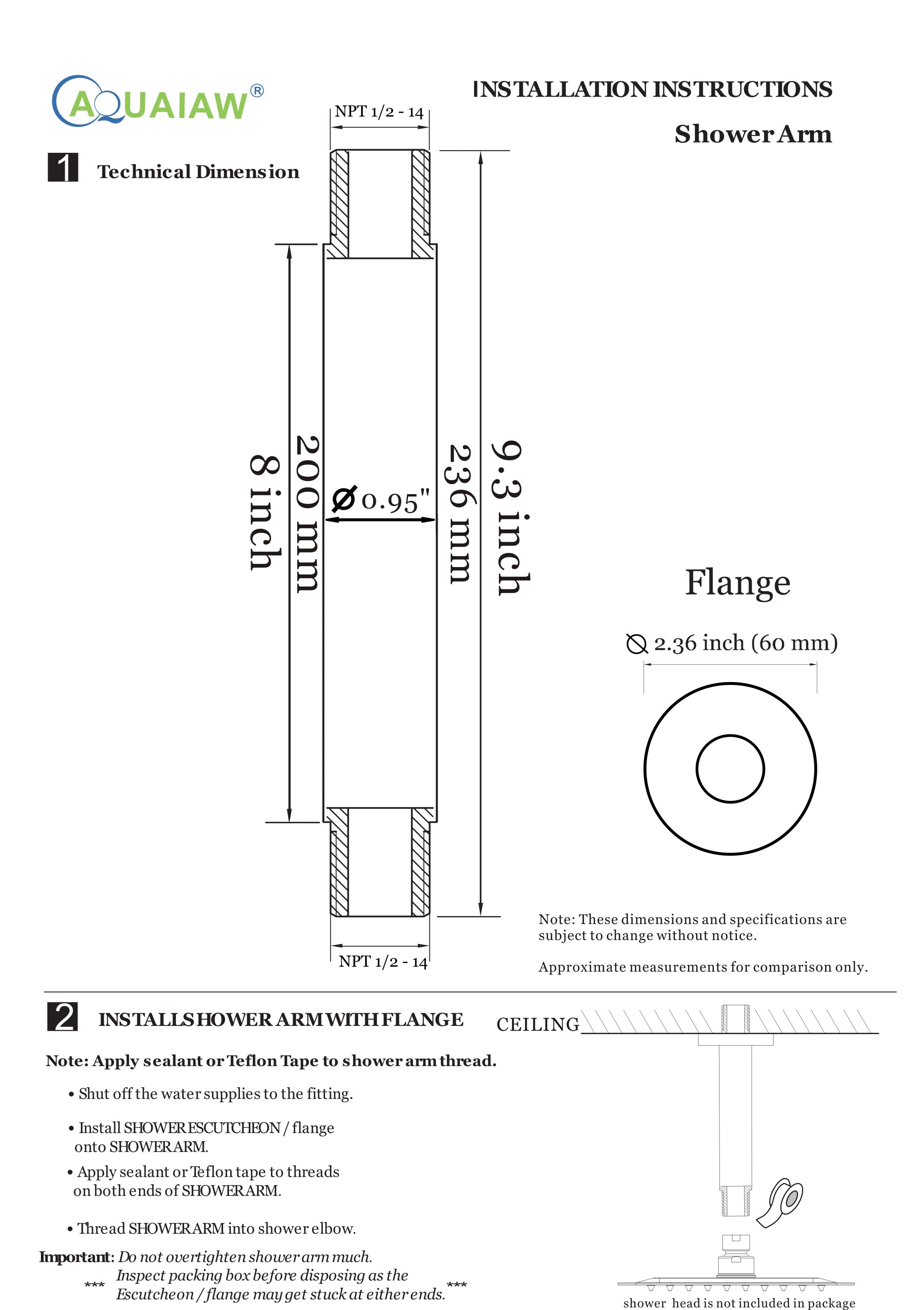 Aquaiaw Shower Arm and O-Ring Flange, 8 inch, Solid Brass, Round, Both Soldered 1/2 NPT Tapered Threads, Ceiling Mount, Brushed Gold