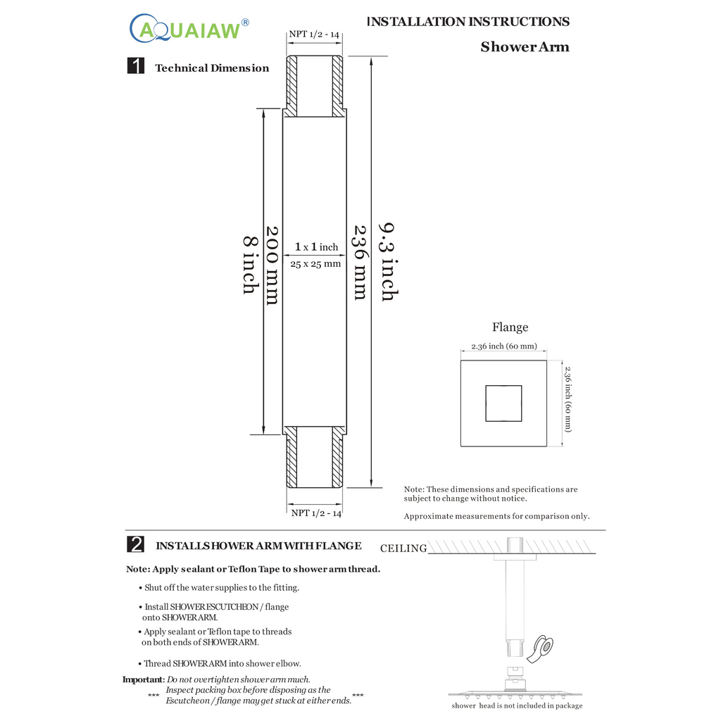 Aquaiaw Square Shower Arm and Anti-Scratch O-Ring Flange, 8 inch, Solid Brass, Both Soldered 1/2 NPT Tapered Threads, Ceiling Mount, PVD Brushed Nickel