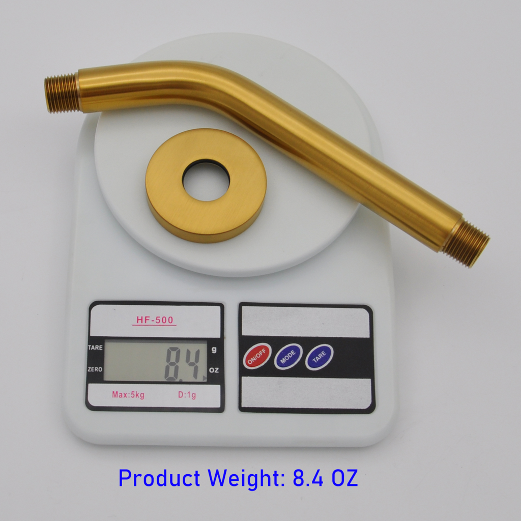Aquaiaw Shower Arm and O-Ring Flange, 8 inch, Solid Brass, Round, Both Soldered 1/2 NPT Tapered Threads, Wall Mount, Brushed Gold