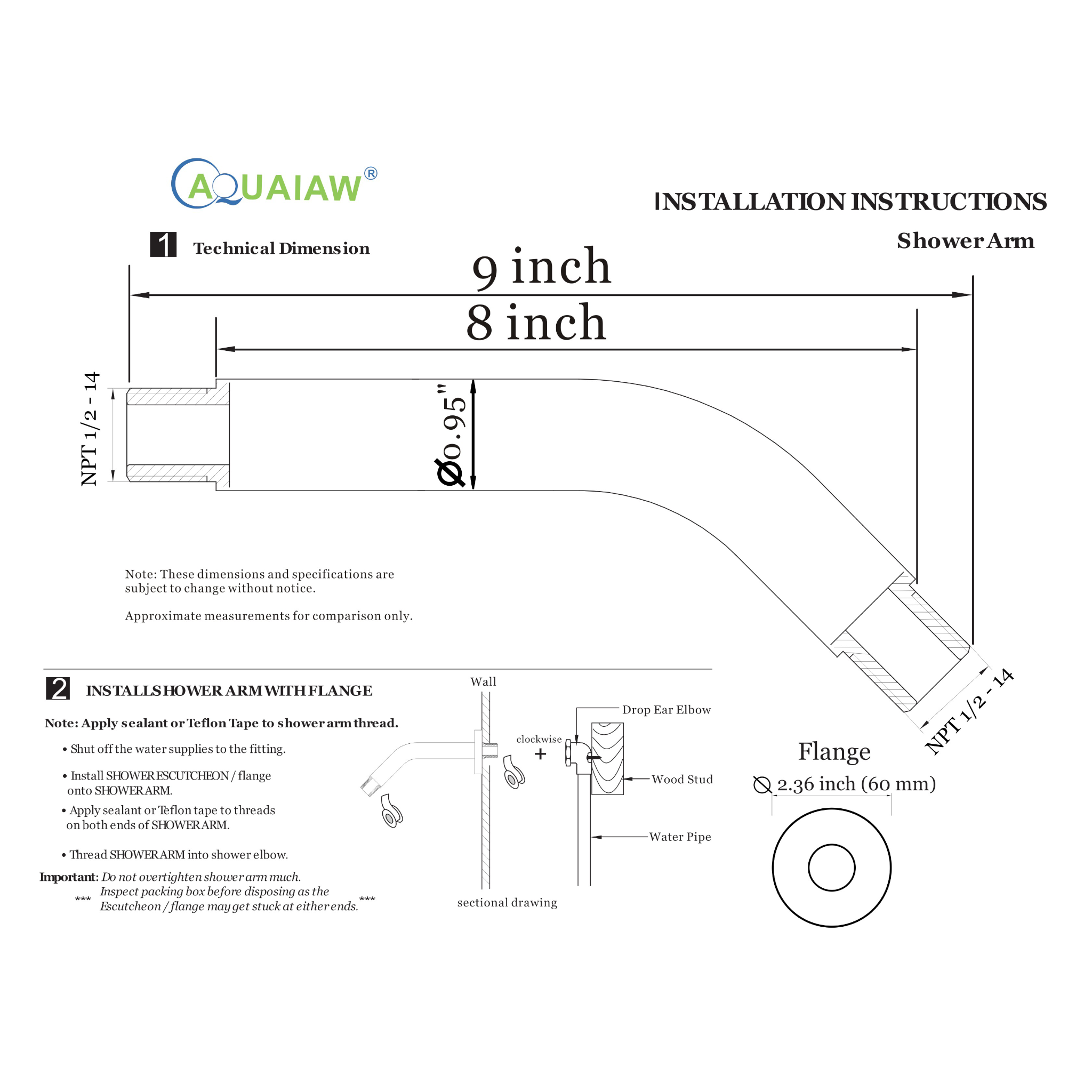 Aquaiaw Shower Arm and O-Ring Flange, 8 inch, Solid Brass, Round, Both Soldered 1/2 NPT Tapered Threads, Wall Mount, PVD Brushed Nickel