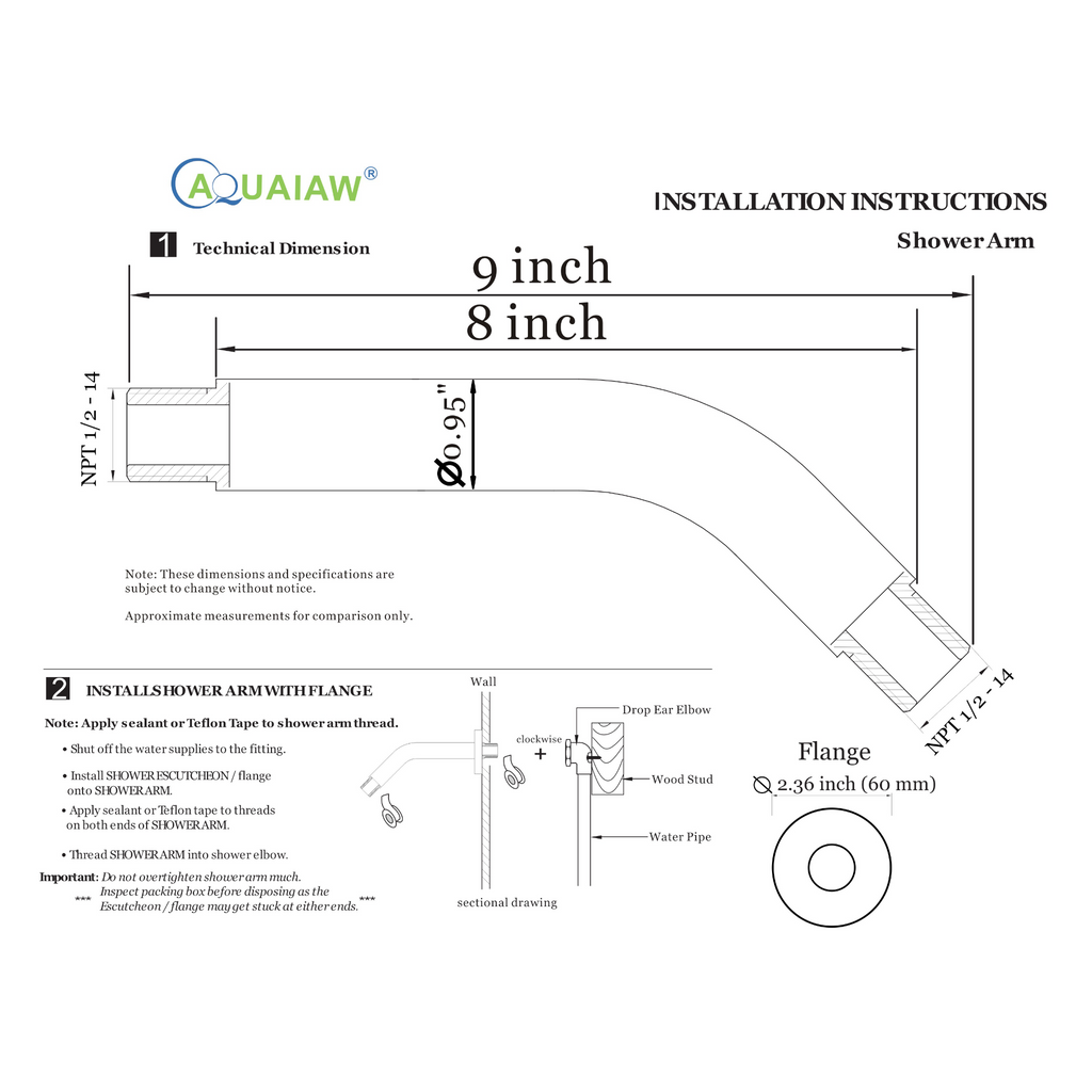 Aquaiaw Shower Arm and O-Ring Flange, 8 inch, Solid Brass, Round, Both Soldered 1/2 NPT Tapered Threads, Wall Mount, Brushed Gold