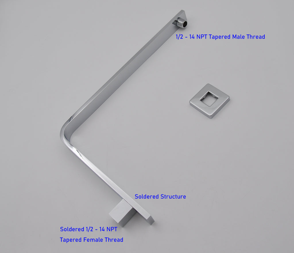 Aquaiaw High Rise Shower Arm and Flange, 16 inch, Solid Brass, Square, Both 1/2 NPT Tapered Threads, Gooseneck Wall Mount, Polished Chrome