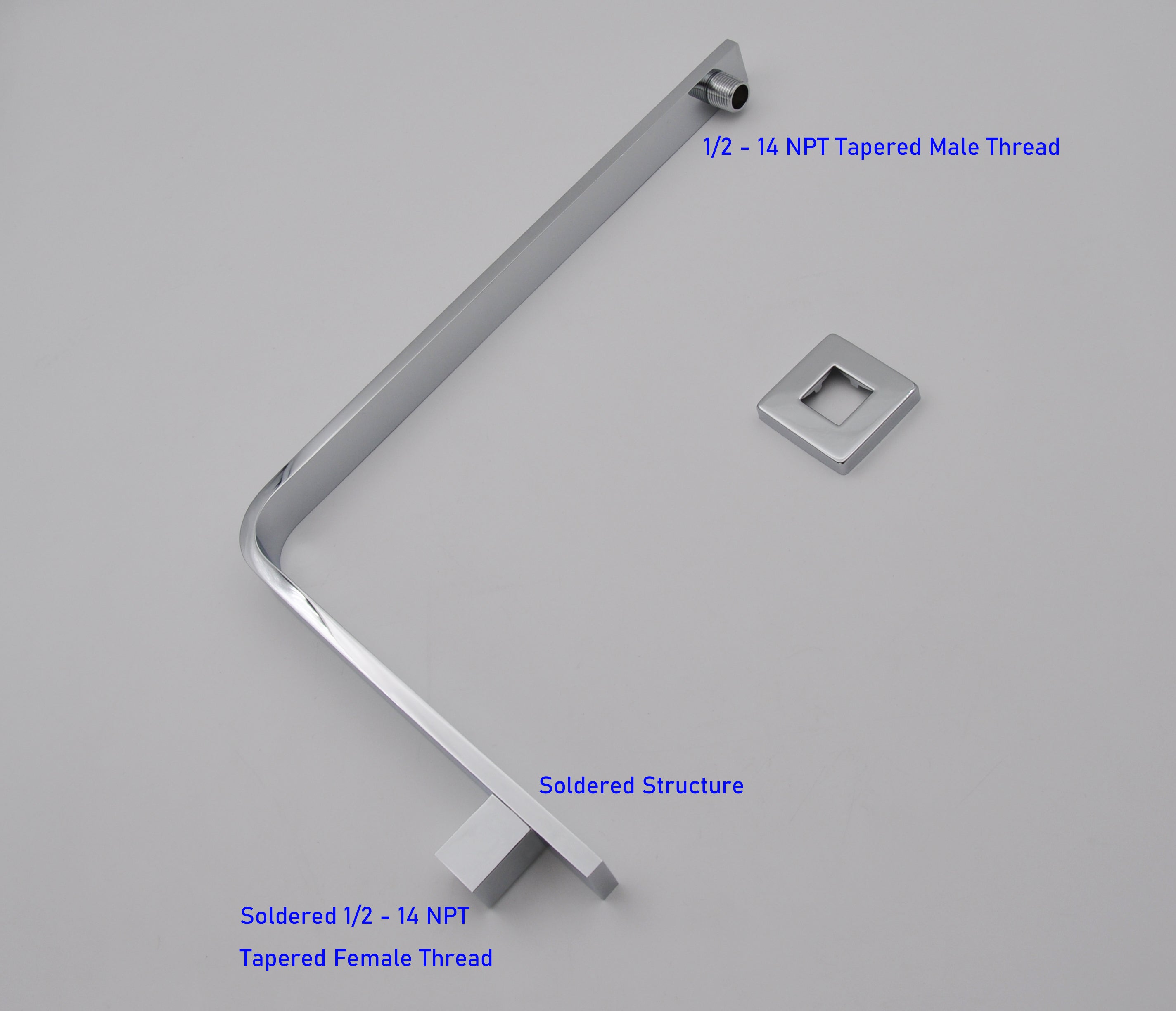 Aquaiaw High Rise Shower Arm and Flange, 16 inch, Solid Brass, Square, Both 1/2 NPT Tapered Threads, Gooseneck Wall Mount, Polished Chrome