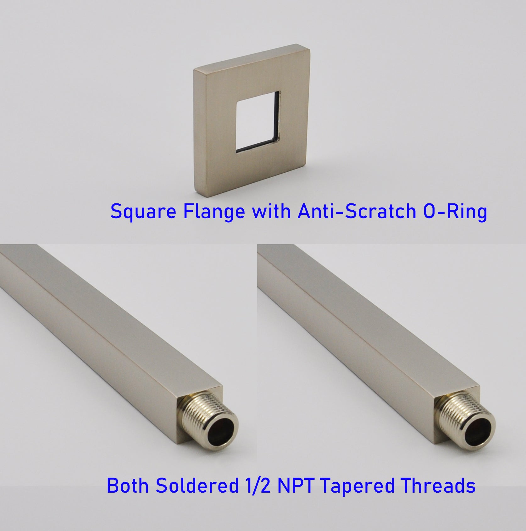 Aquaiaw Square Shower Arm and Anti-Scratch O-Ring Flange, 3 inch, Solid Brass, Both Soldered 1/2 NPT Tapered Threads, Ceiling Mount, PVD Brushed Nickel