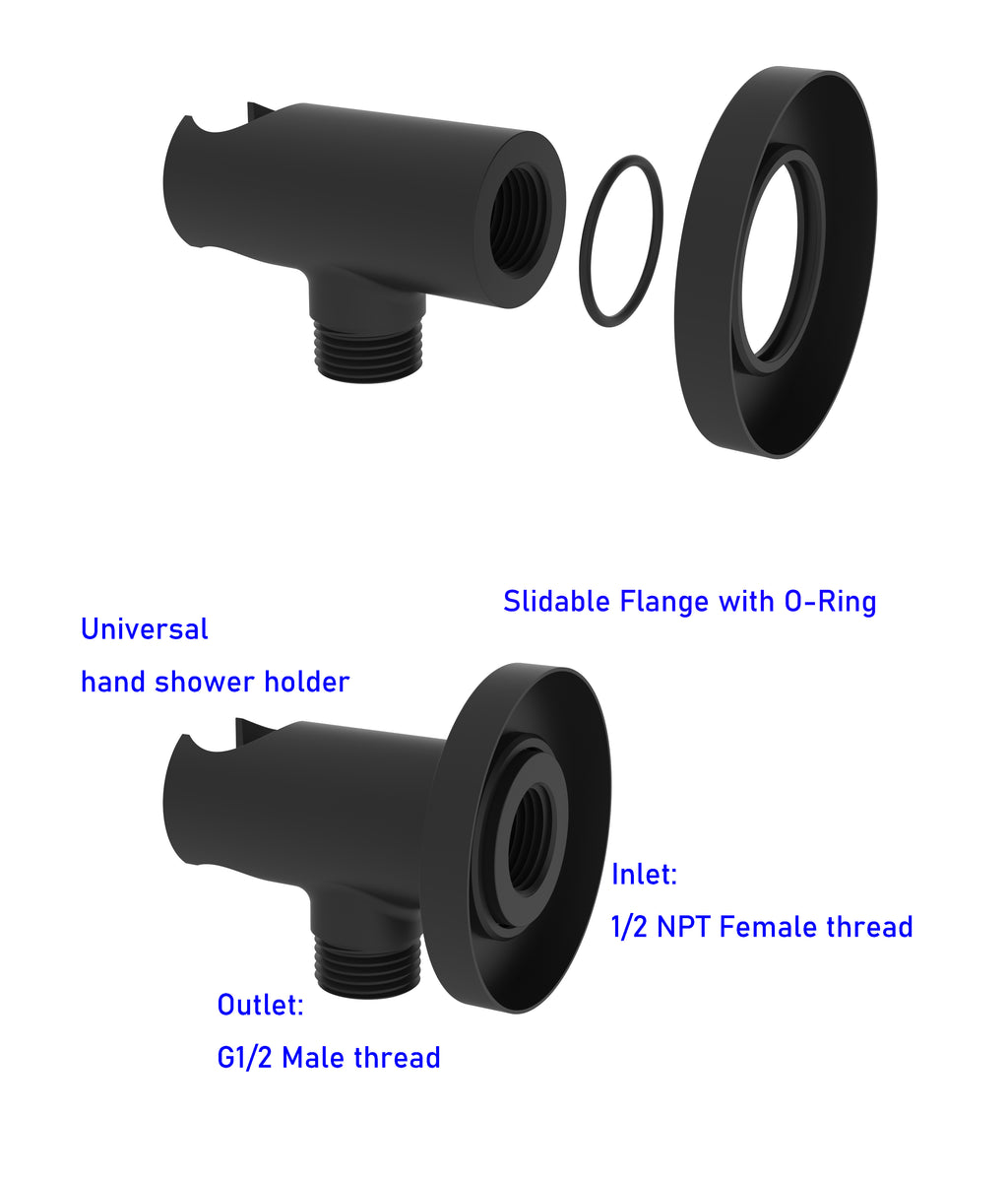 Aquaiaw Wall Supply Elbow with O-Ring Flange, with Handheld Showerhead Holder, Solid Brass, Round, Tapered 1/2 NPT Female Inlet, G1/2 Outlet, Electroplate Matte Black