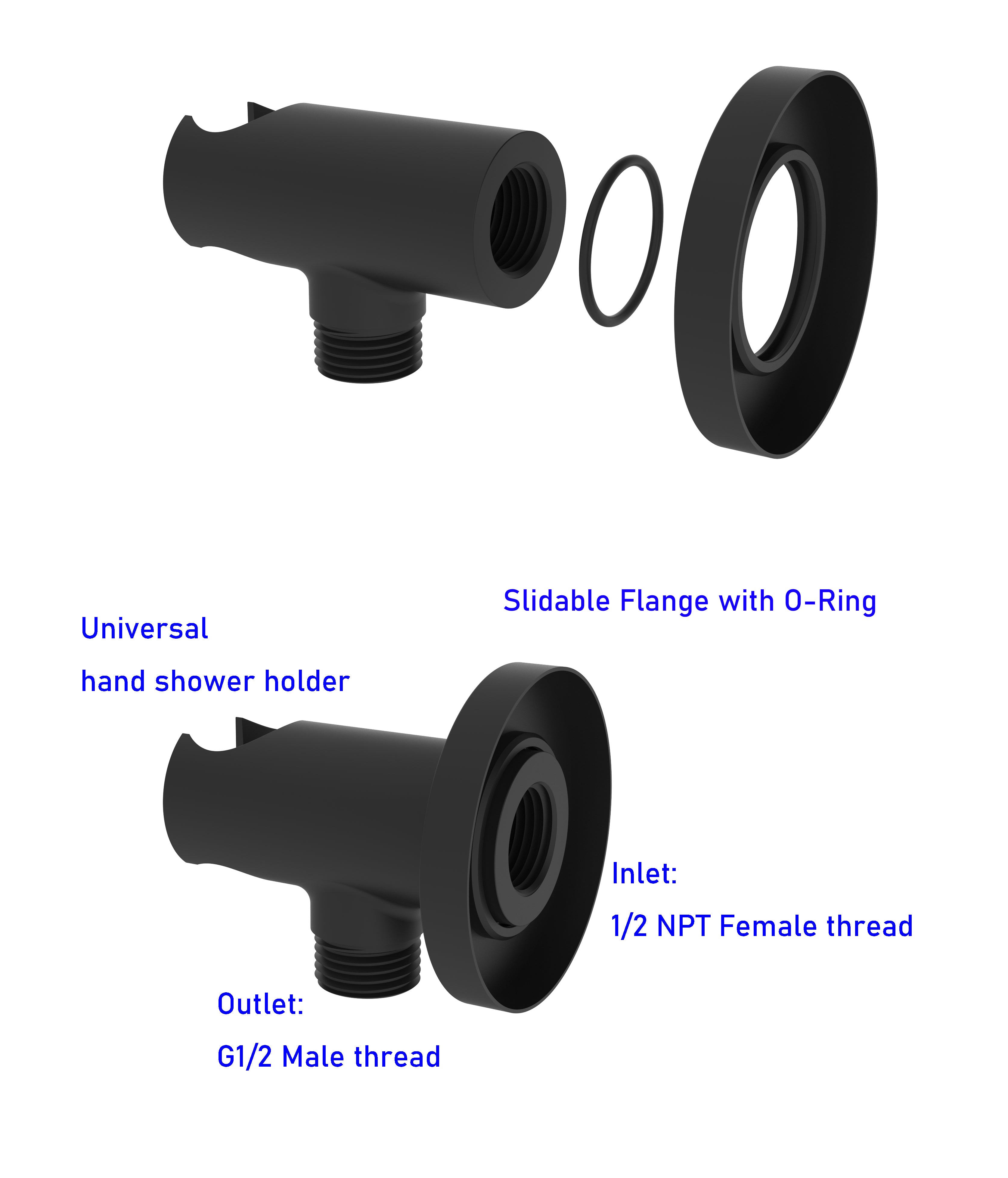 Aquaiaw Wall Supply Elbow with O-Ring Flange, with Handheld Showerhead Holder, Solid Brass, Round, Tapered 1/2 NPT Female Inlet, G1/2 Outlet, Electroplate Matte Black