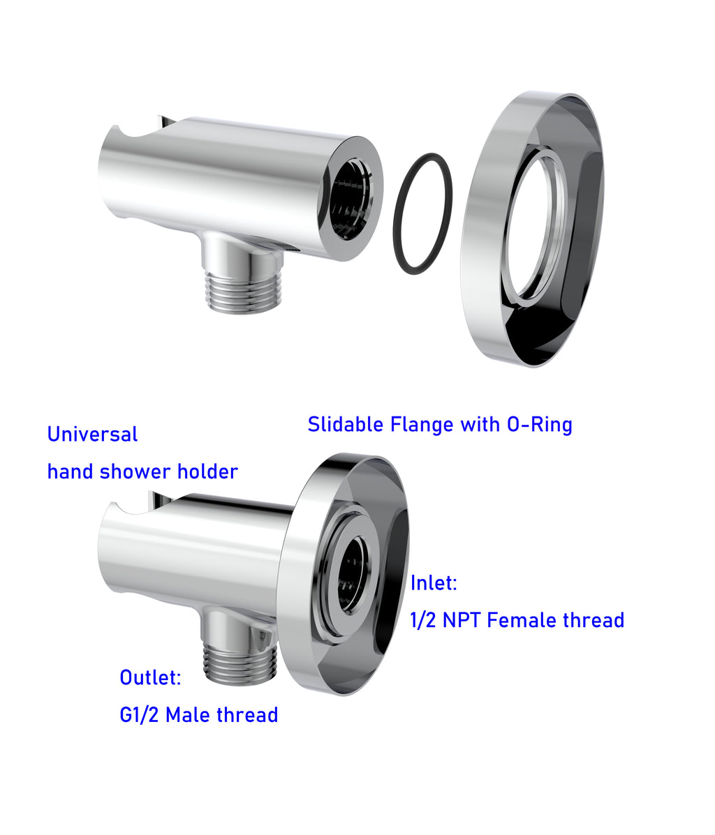 Aquaiaw Wall Supply Elbow with O-Ring Flange, with Handheld Showerhead Holder, Solid Brass, Round, Tapered 1/2 NPT Female Inlet, G1/2 Outlet, Polished Chrome