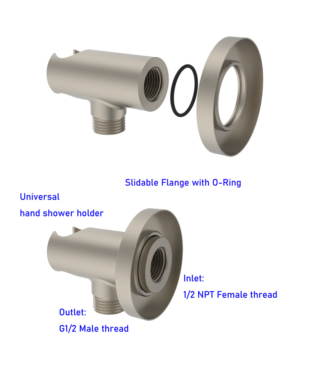 Aquaiaw Wall Supply Elbow with O-Ring Flange, with Handheld Showerhead Holder, Solid Brass, Round, Tapered 1/2 NPT Female Inlet, G1/2 Outlet, PVD Brushed Nickel