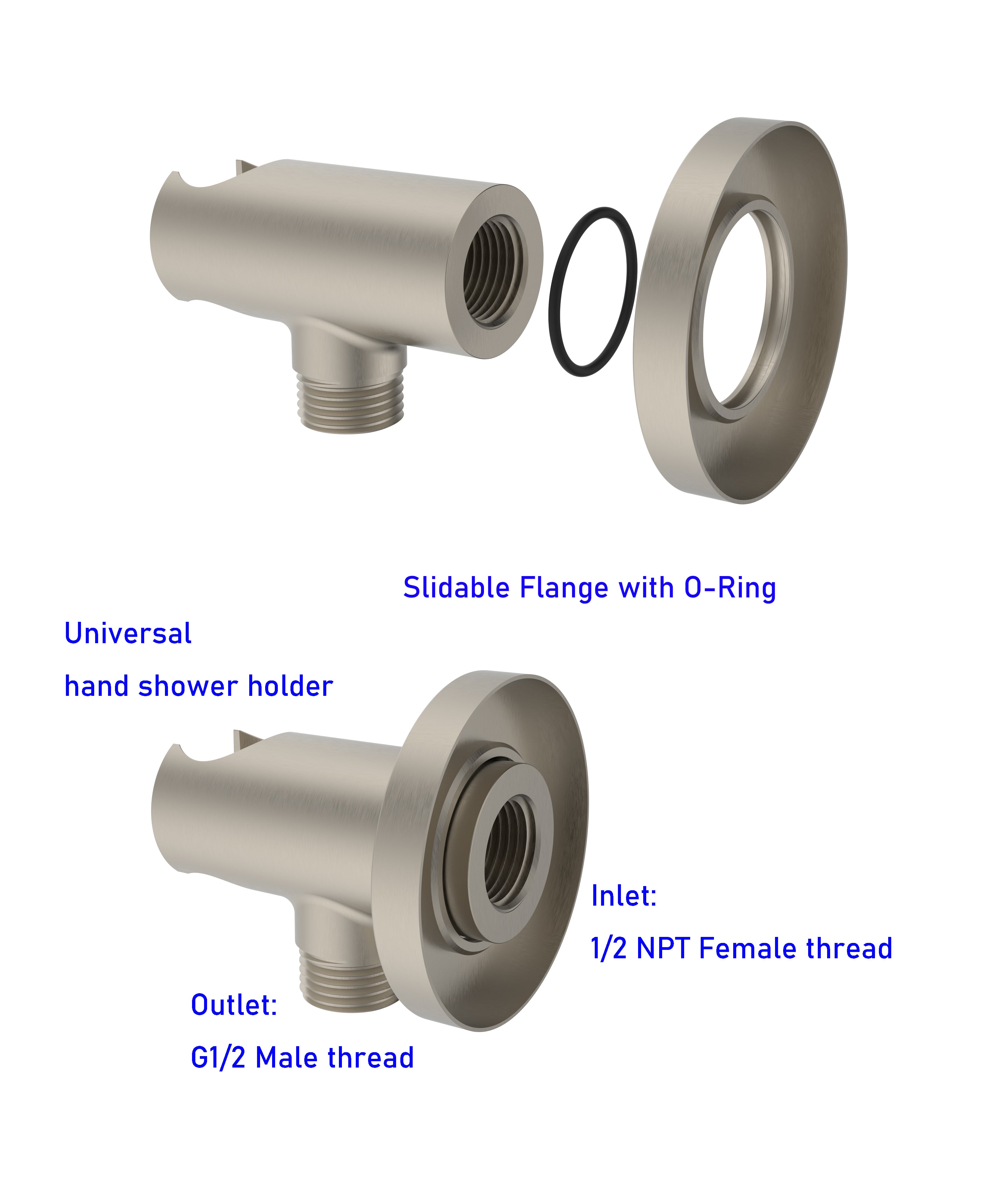 Aquaiaw Wall Supply Elbow with O-Ring Flange, with Handheld Showerhead Holder, Solid Brass, Round, Tapered 1/2 NPT Female Inlet, G1/2 Outlet, PVD Brushed Nickel