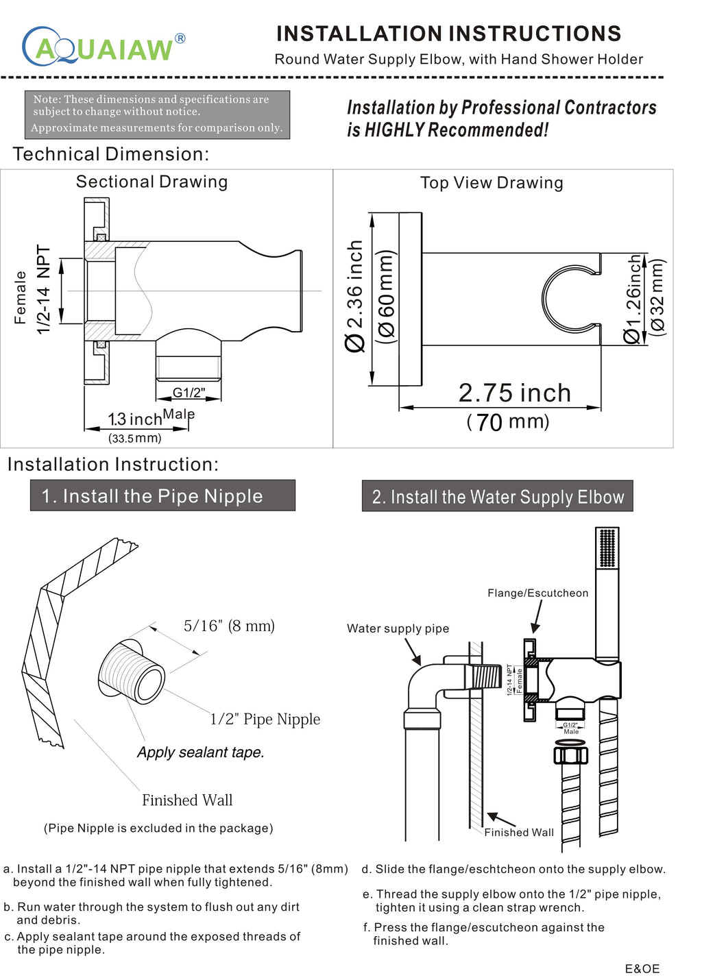 Aquaiaw Wall Supply Elbow with O-Ring Flange, with Handheld Showerhead Holder, Solid Brass, Round, Tapered 1/2 NPT Female Inlet, G1/2 Outlet, PVD Brushed Nickel