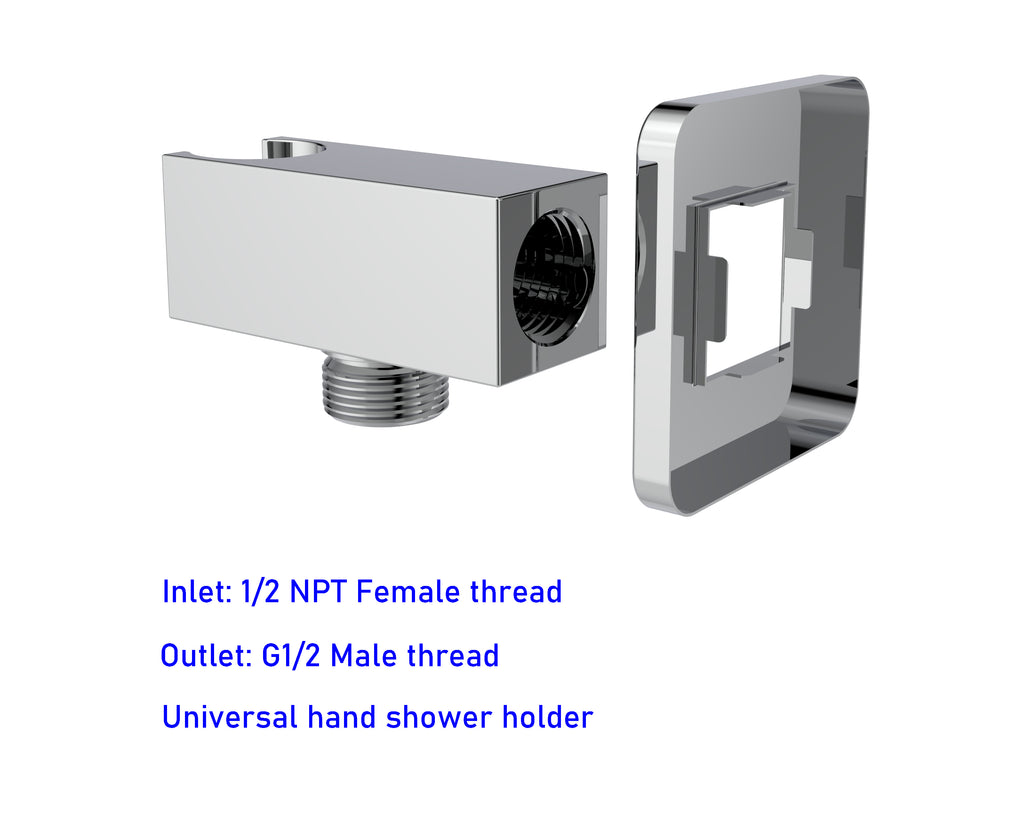 Aquaiaw Wall Supply Elbow with Flange, with Handheld Showerhead Holder, Solid Brass, Square, Tapered 1/2 NPT Female Inlet, G1/2 Outlet, Polished Chrome