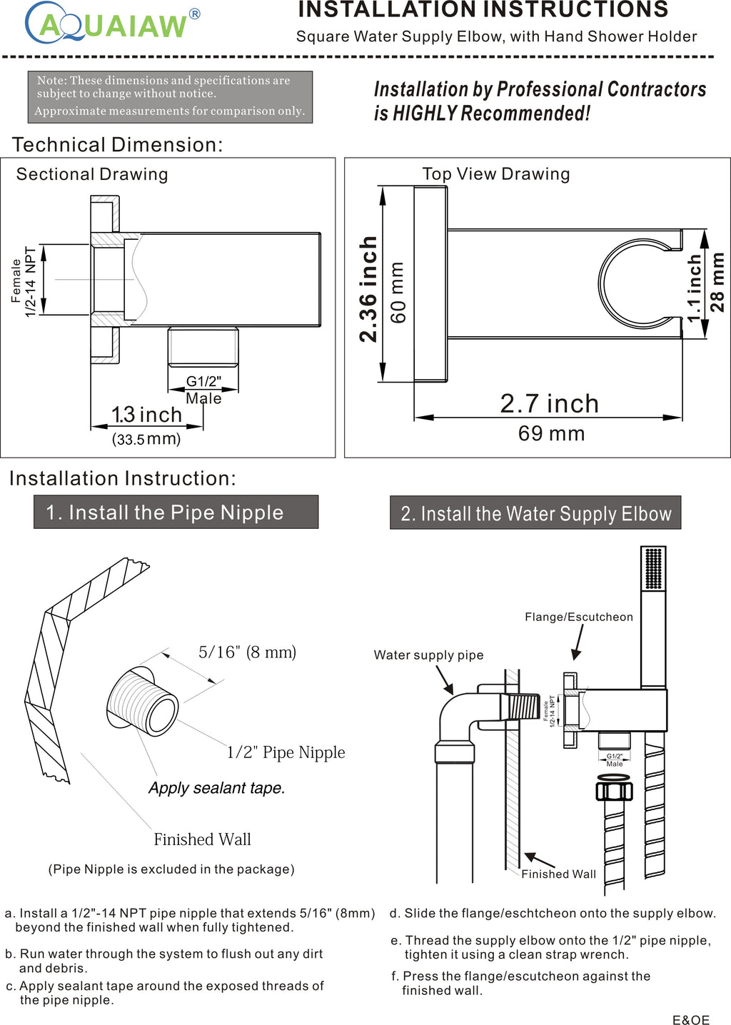 Aquaiaw Wall Supply Elbow with Flange, with Handheld Showerhead Holder, Solid Brass, Square, Tapered 1/2 NPT Female Inlet, G1/2 Outlet, PVD Brushed Nickel