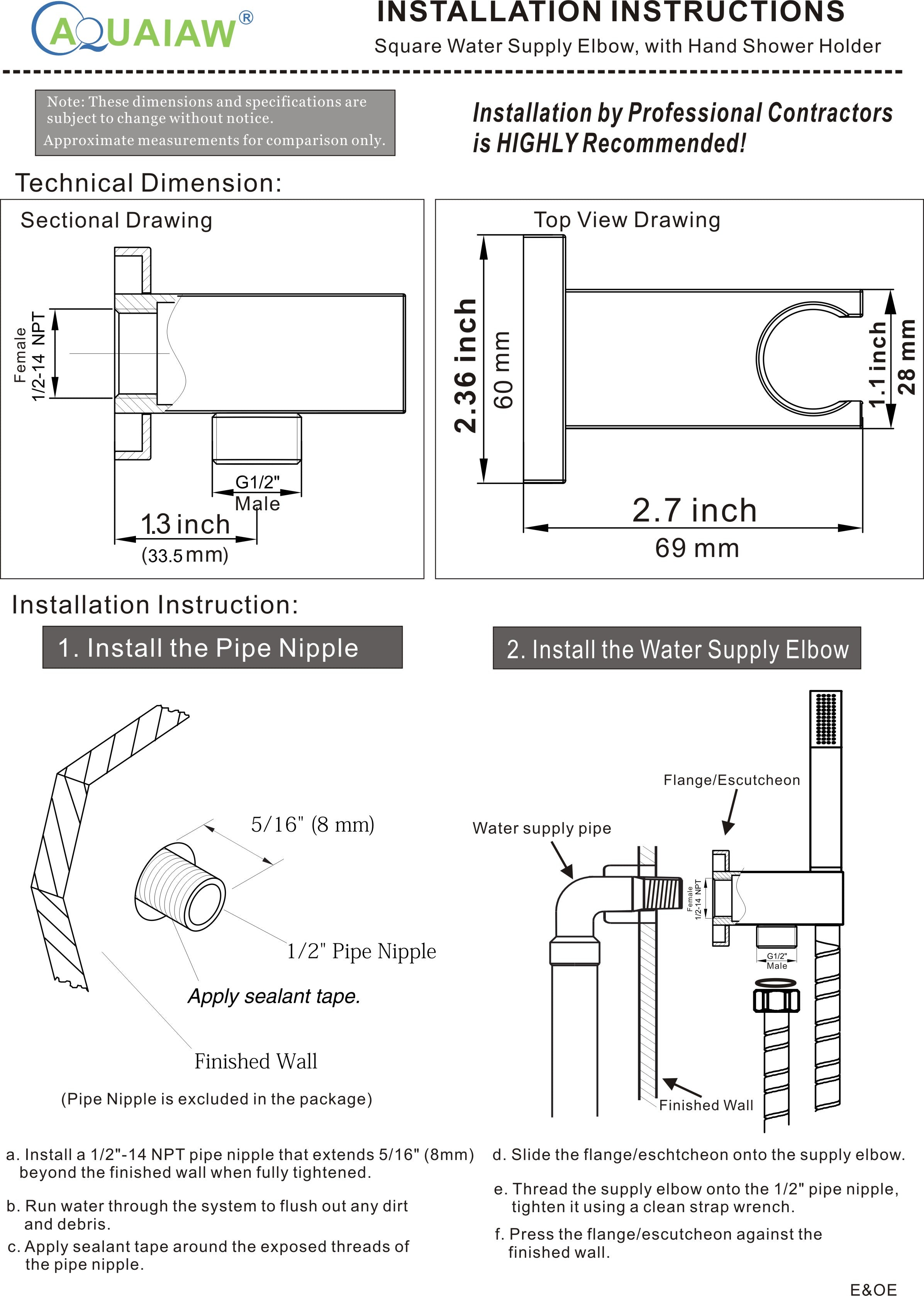 Aquaiaw Wall Supply Elbow with Flange, with Handheld Showerhead Holder, Solid Brass, Square, Tapered 1/2 NPT Female Inlet, G1/2 Outlet, PVD Brushed Nickel
