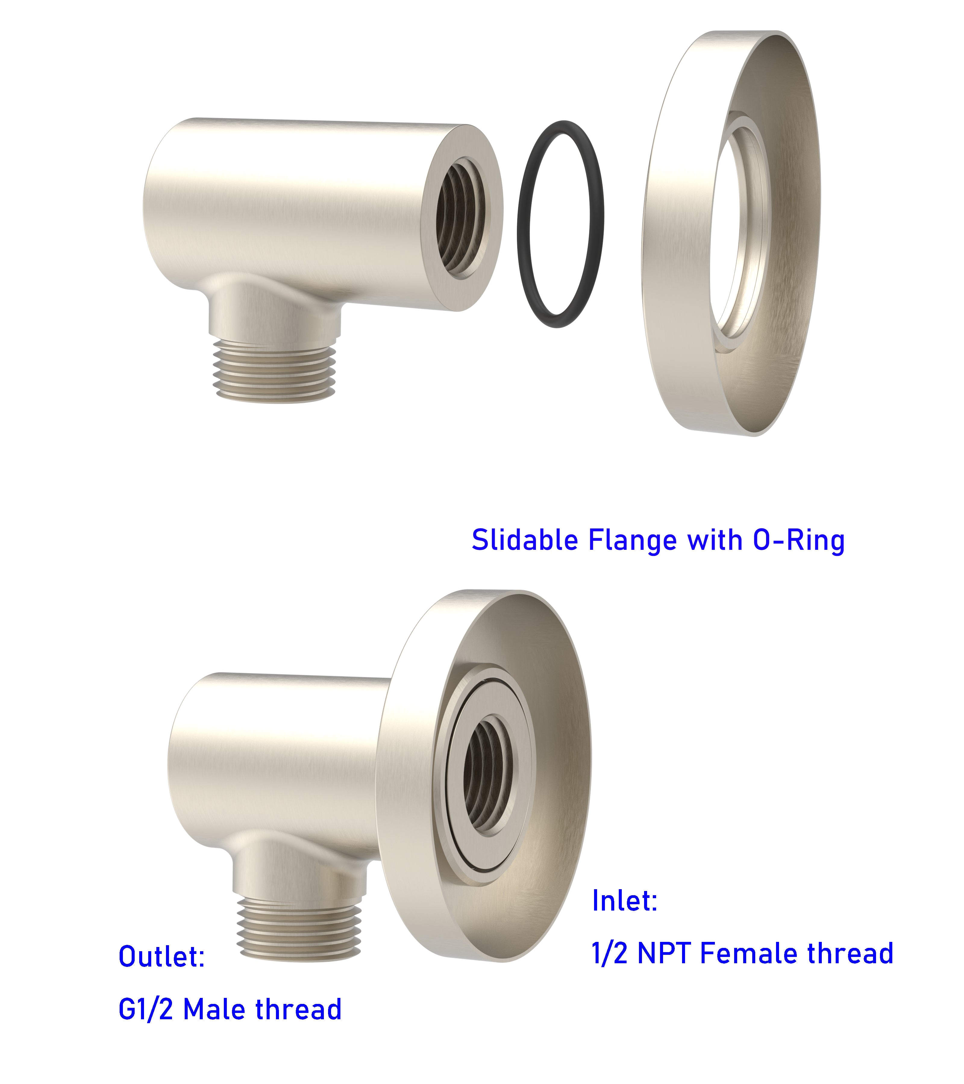 Aquaiaw Round Wall Supply Elbow with O-Ring Flange, Tapered 1/2 NPT Female Inlet, Heavy-Duty Solid Brass, G1/2 Outlet, PVD Brushed Nickel