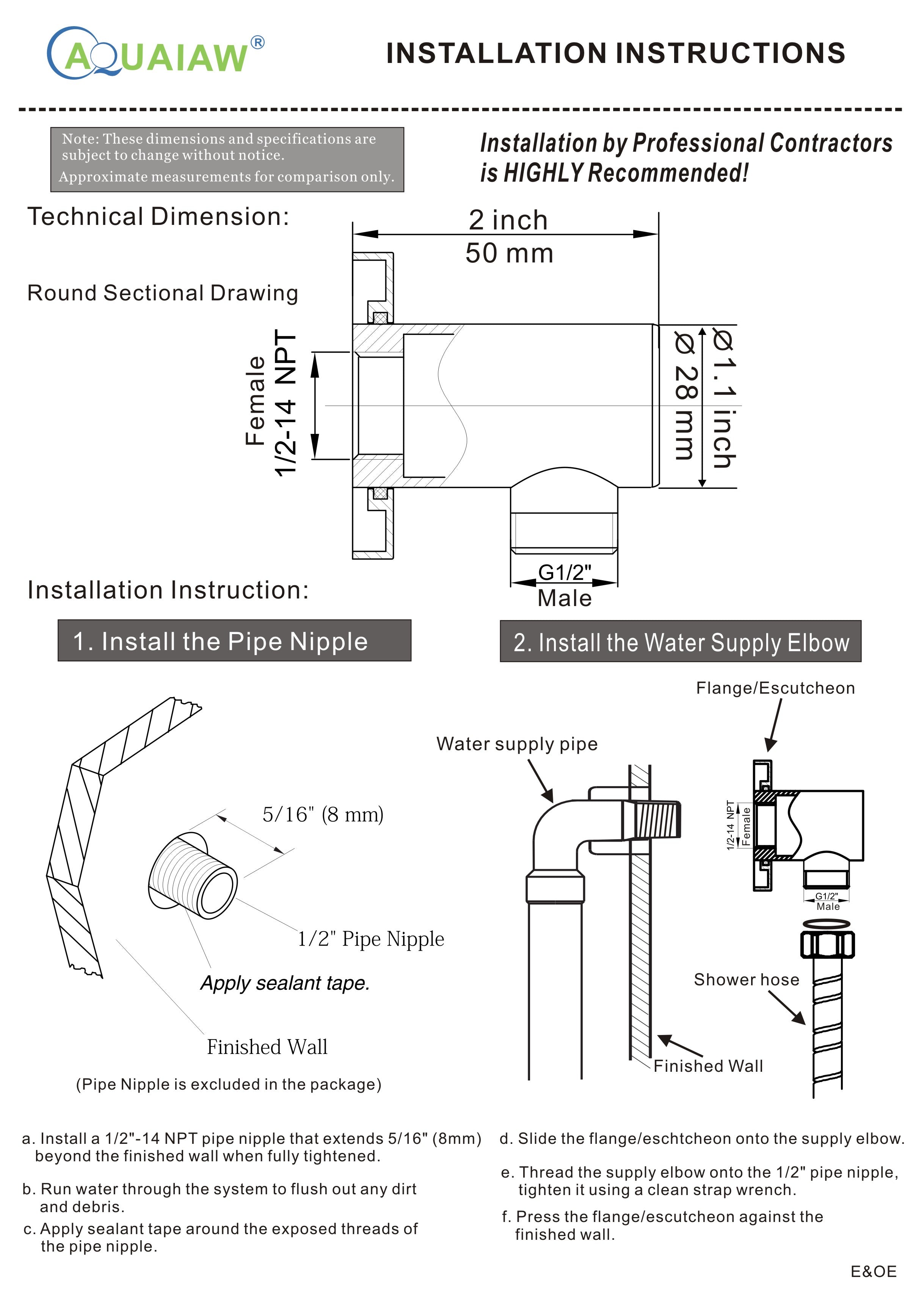 Aquaiaw Round Wall Supply Elbow with O-Ring Flange, Tapered 1/2 NPT Female Inlet, Heavy-Duty Solid Brass, G1/2 Outlet, PVD Brushed Nickel