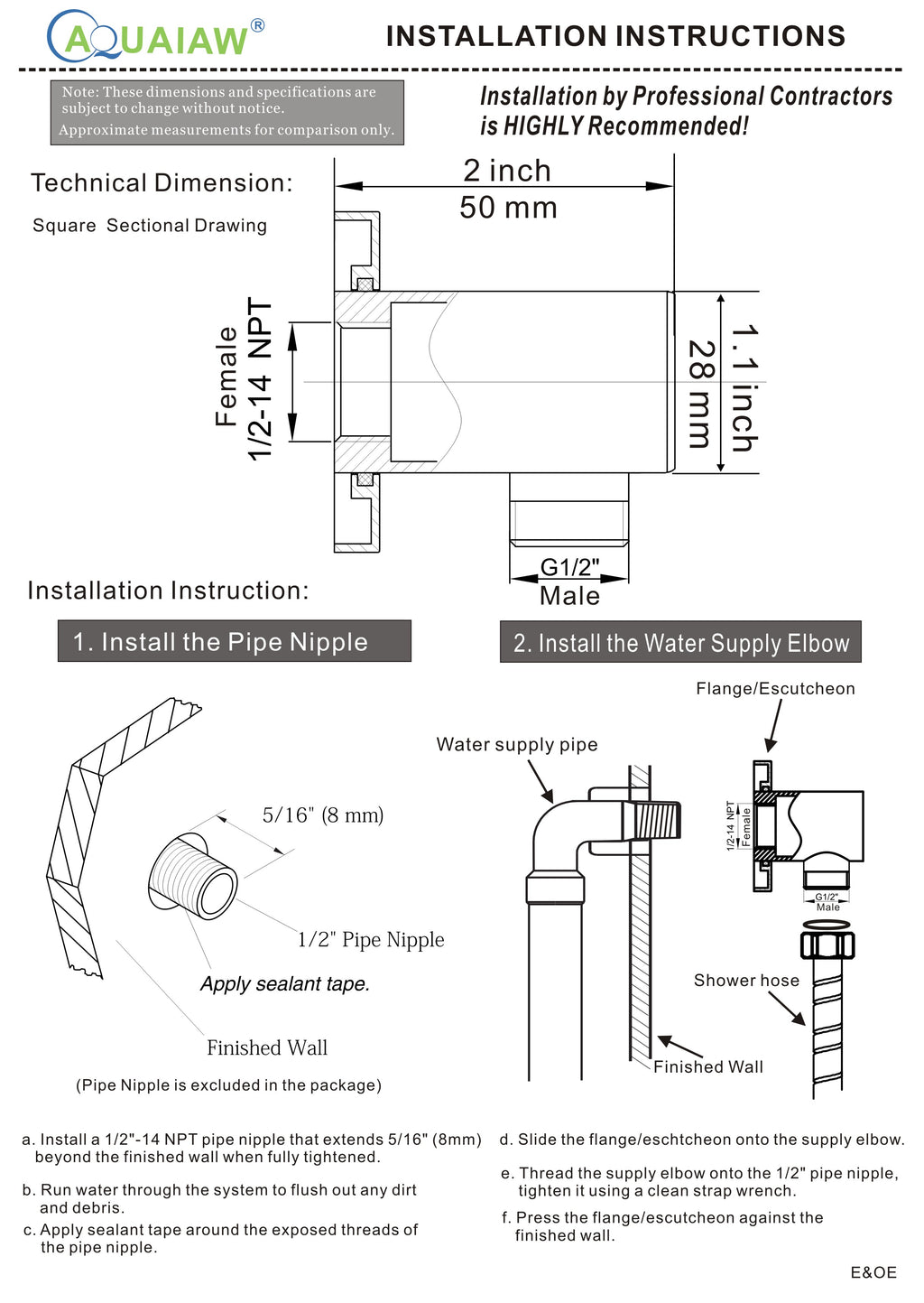 Aquaiaw Square Wall Supply Elbow with Flange, Tapered 1/2 NPT Female Inlet, Heavy-Duty Solid Brass, G1/2 Outlet, PVD Brushed Nickel