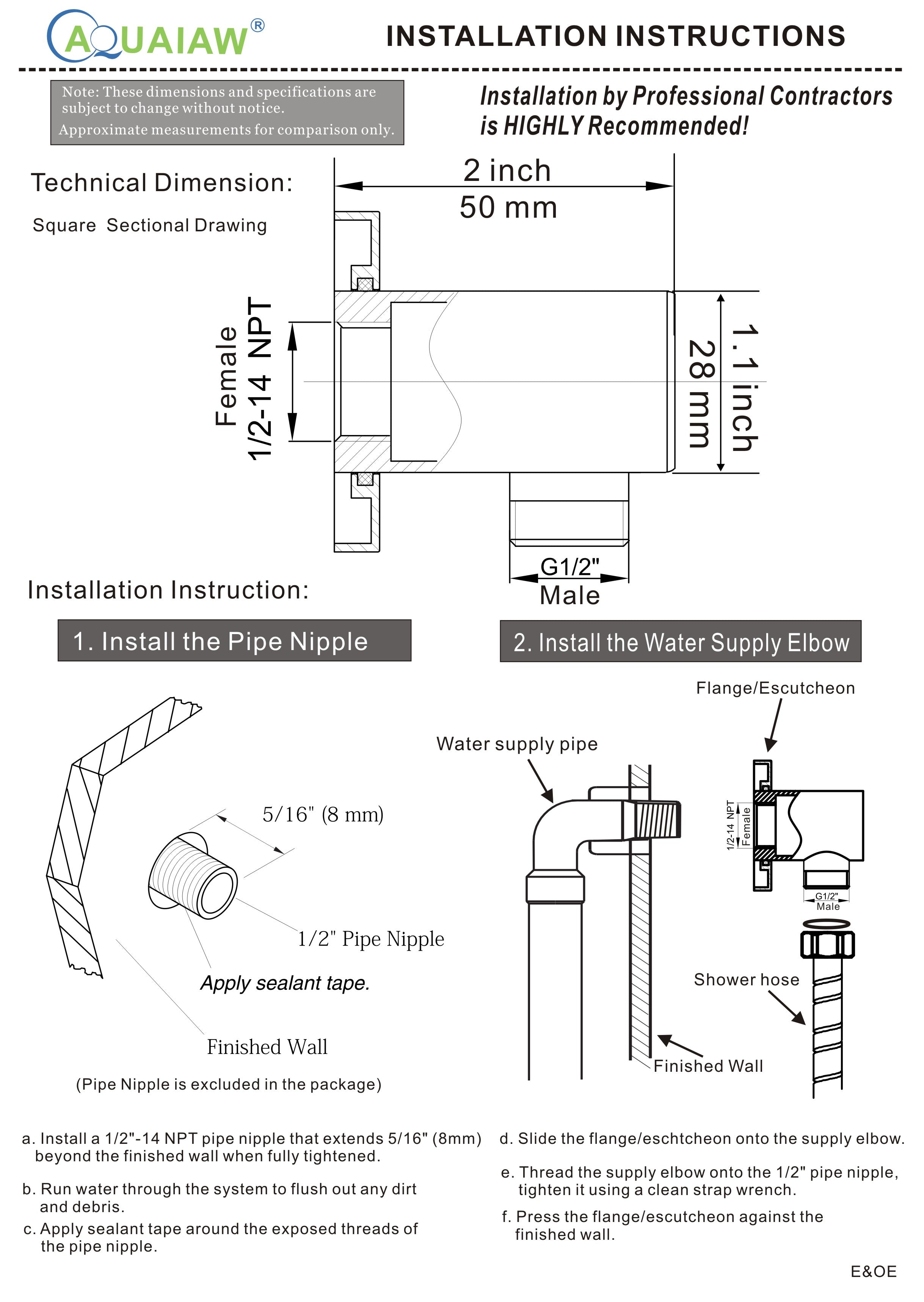 Aquaiaw Square Wall Supply Elbow with Flange, Tapered 1/2 NPT Female Inlet, Heavy-Duty Solid Brass, G1/2 Outlet, PVD Brushed Nickel