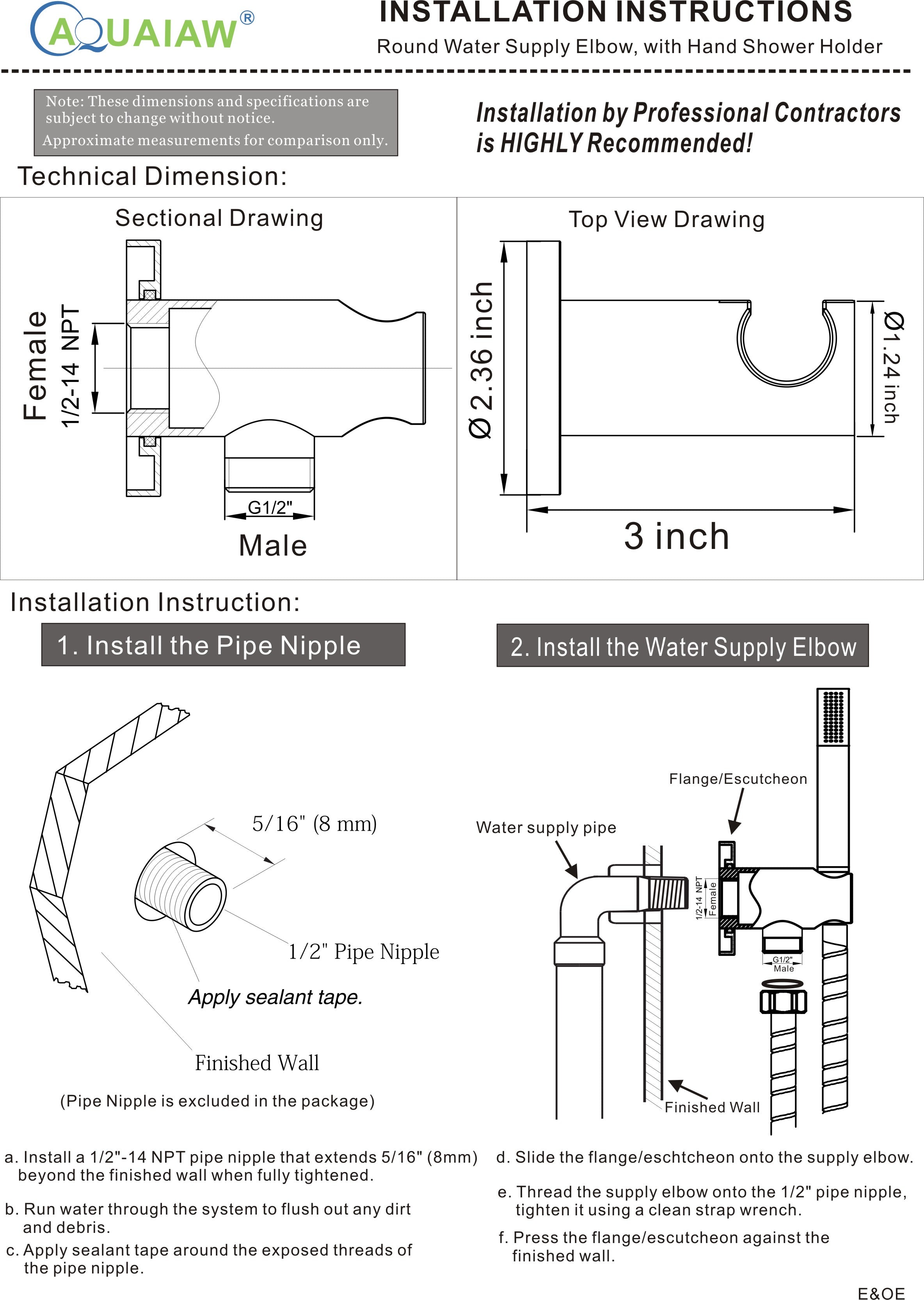 Aquaiaw Wall Supply Elbow with O-Ring Flange, with Handheld Showerhead Holder by Side, Solid Brass, Round, Tapered 1/2 NPT Female Inlet, G1/2 Outlet, Polished Chrome