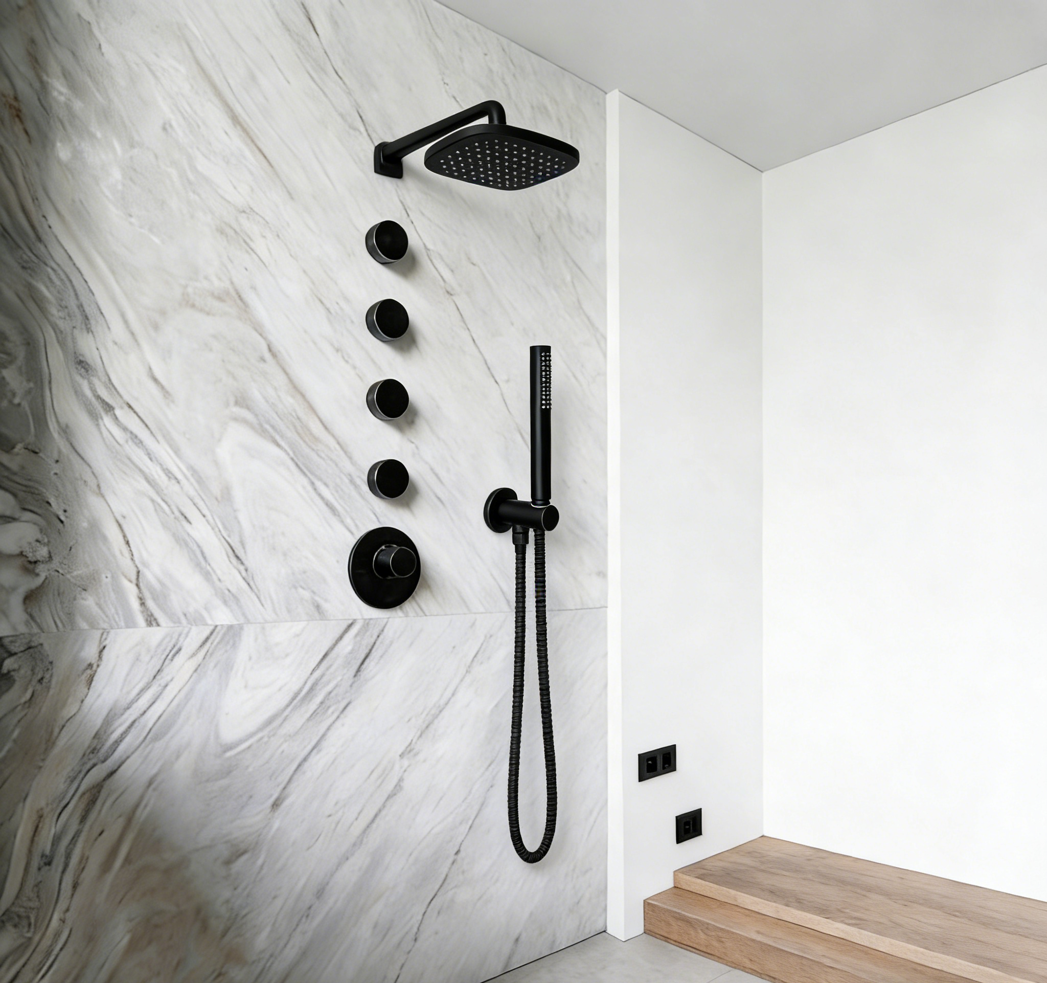 Aquaiaw Wall Supply Elbow with O-Ring Flange, with Handheld Showerhead Holder by Side, Solid Brass, Round, Tapered 1/2 NPT Female Inlet, G1/2 Outlet, Electroplate Matte Black