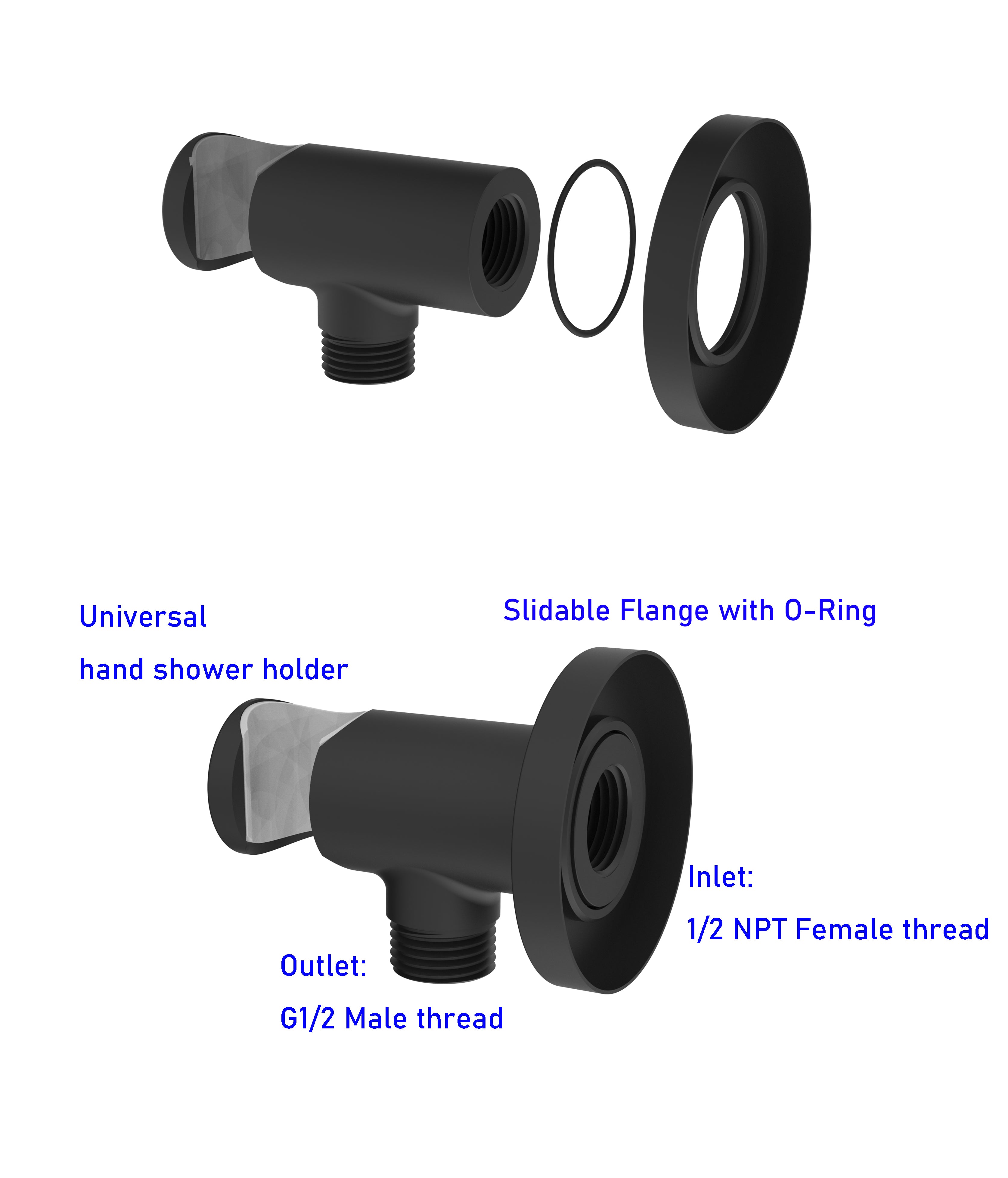 Aquaiaw Wall Supply Elbow with O-Ring Flange, with Handheld Showerhead Holder by Side, Solid Brass, Round, Tapered 1/2 NPT Female Inlet, G1/2 Outlet, Electroplate Matte Black