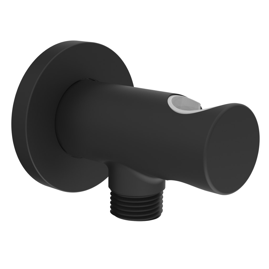 Aquaiaw Wall Supply Elbow with O-Ring Flange, with Handheld Showerhead Holder by Side, Solid Brass, Round, Tapered 1/2 NPT Female Inlet, G1/2 Outlet, Electroplate Matte Black