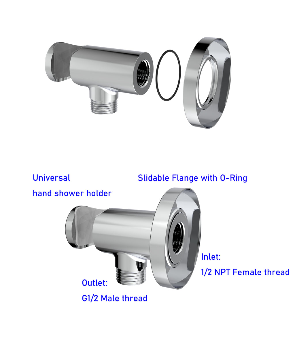 Aquaiaw Wall Supply Elbow with O-Ring Flange, with Handheld Showerhead Holder by Side, Solid Brass, Round, Tapered 1/2 NPT Female Inlet, G1/2 Outlet, Polished Chrome