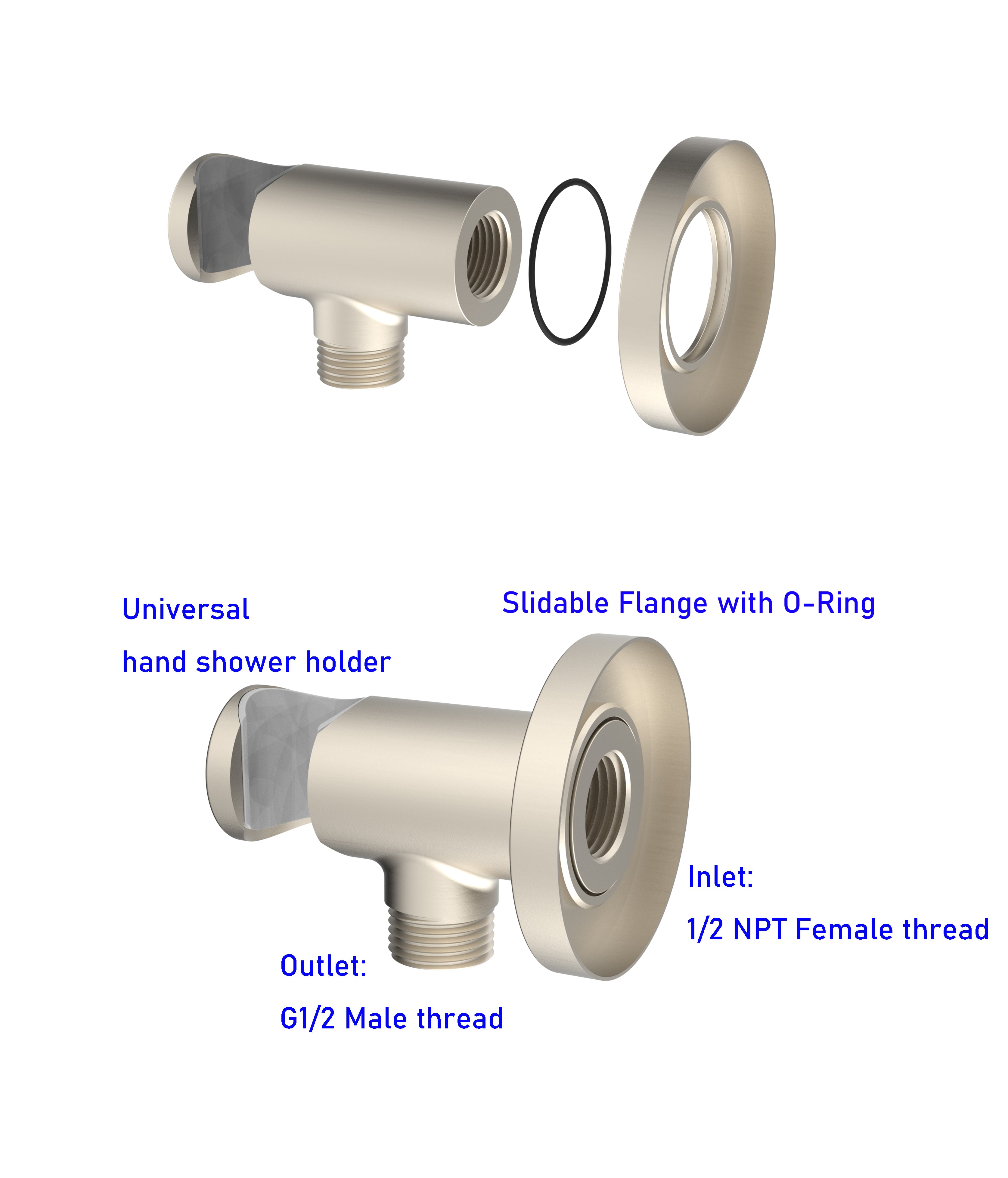 Aquaiaw Wall Supply Elbow with O-Ring Flange, with Handheld Showerhead Holder by Side, Solid Brass, Round, Tapered 1/2 NPT Female Inlet, G1/2 Outlet, PVD Brushed Nickel