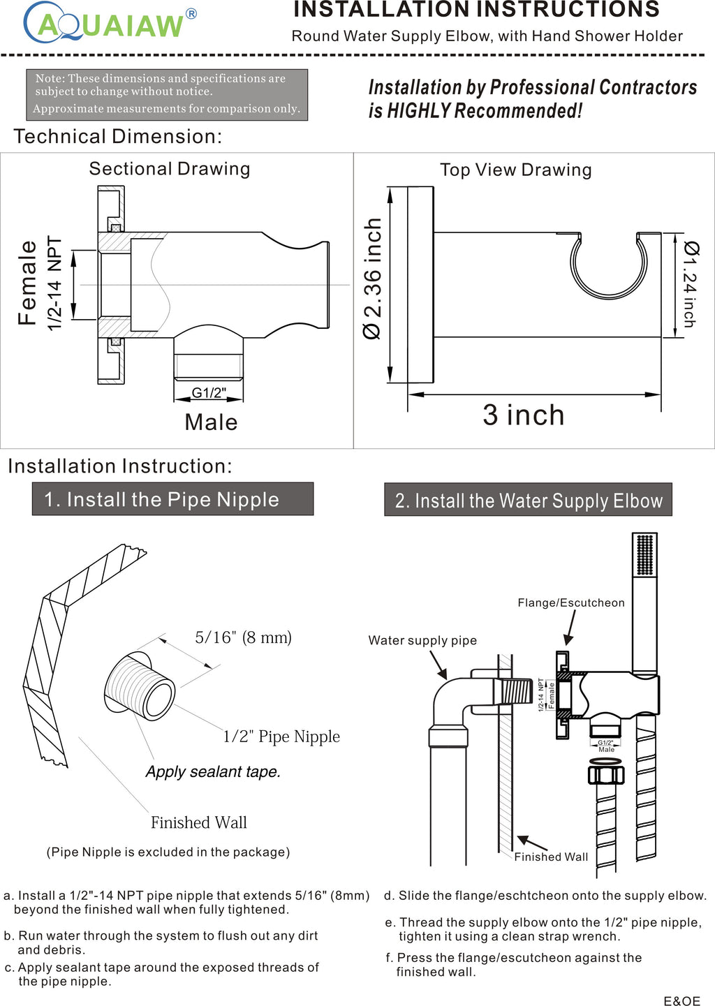 Aquaiaw Wall Supply Elbow with O-Ring Flange, with Handheld Showerhead Holder by Side, Solid Brass, Round, Tapered 1/2 NPT Female Inlet, G1/2 Outlet, Electroplate Matte Black