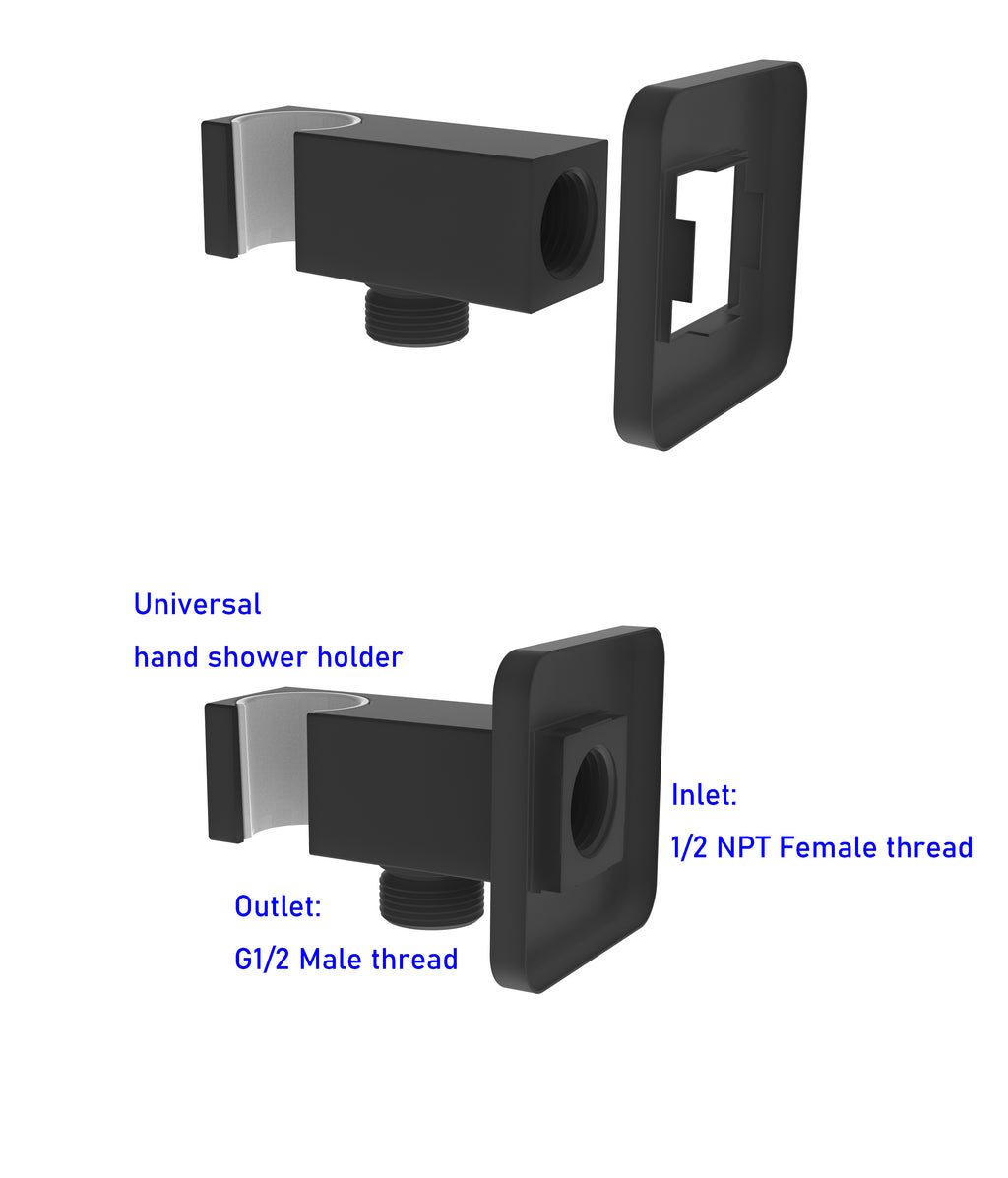 Aquaiaw Wall Supply Elbow with Flange, with Handheld Showerhead Holder by Side, Solid Brass, Square, Tapered 1/2 NPT Female Inlet, G1/2 Outlet, Electroplate Matte Black