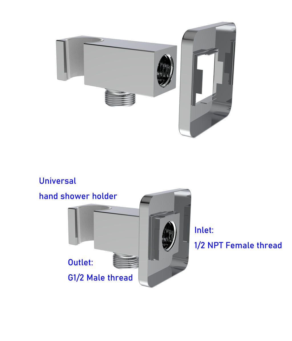 Aquaiaw Wall Supply Elbow with Flange, with Handheld Showerhead Holder by Side, Solid Brass, Square, Tapered 1/2 NPT Female Inlet, G1/2 Outlet, Polished Chrome