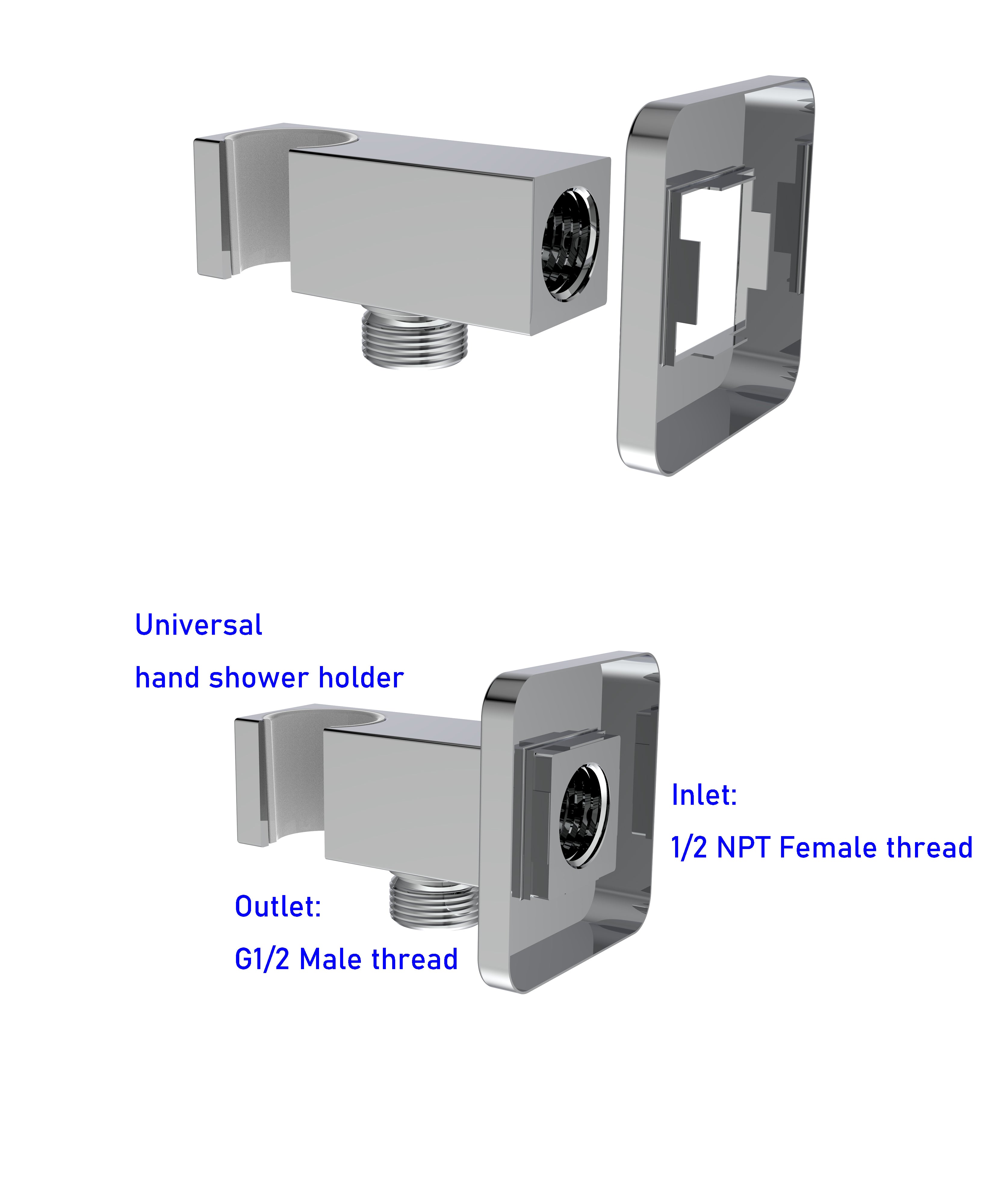 Aquaiaw Wall Supply Elbow with Flange, with Handheld Showerhead Holder by Side, Solid Brass, Square, Tapered 1/2 NPT Female Inlet, G1/2 Outlet, Polished Chrome