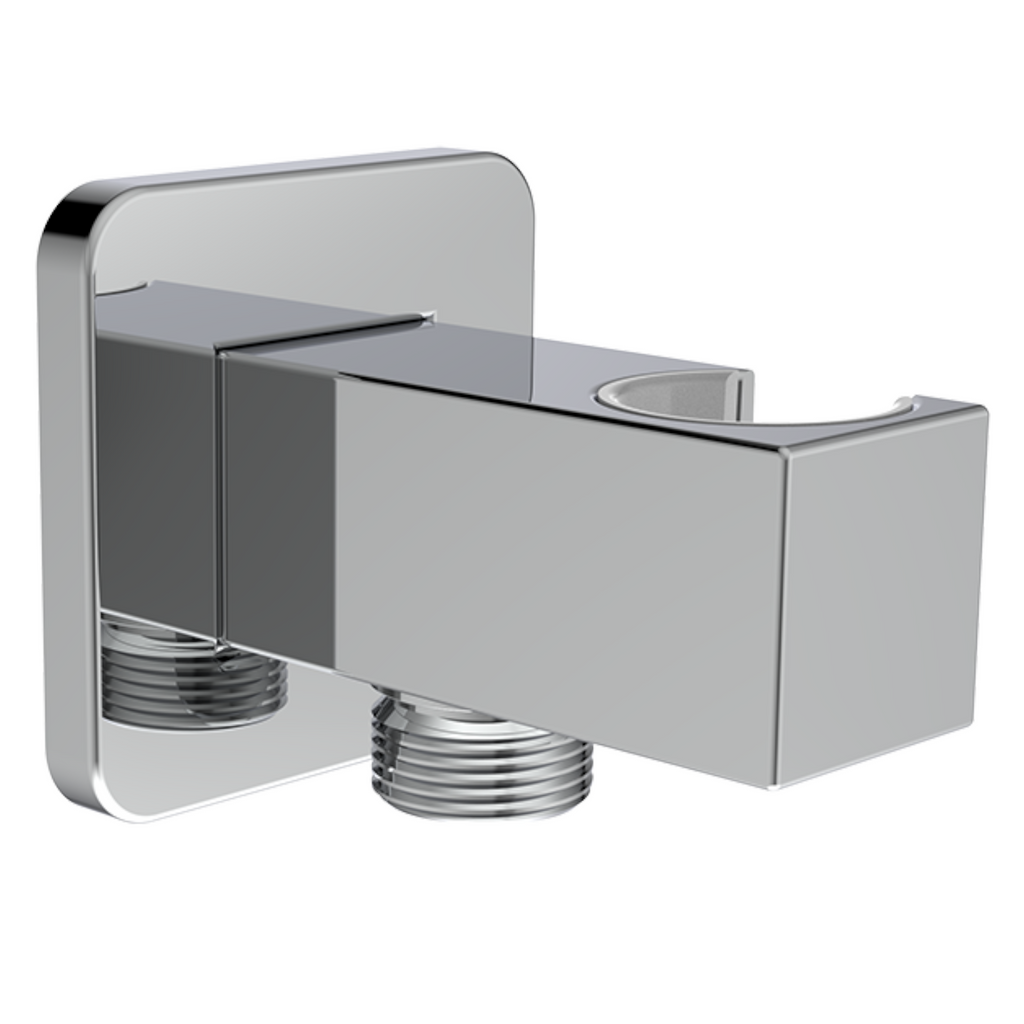 Aquaiaw Wall Supply Elbow with Flange, with Handheld Showerhead Holder by Side, Solid Brass, Square, Tapered 1/2 NPT Female Inlet, G1/2 Outlet, Polished Chrome
