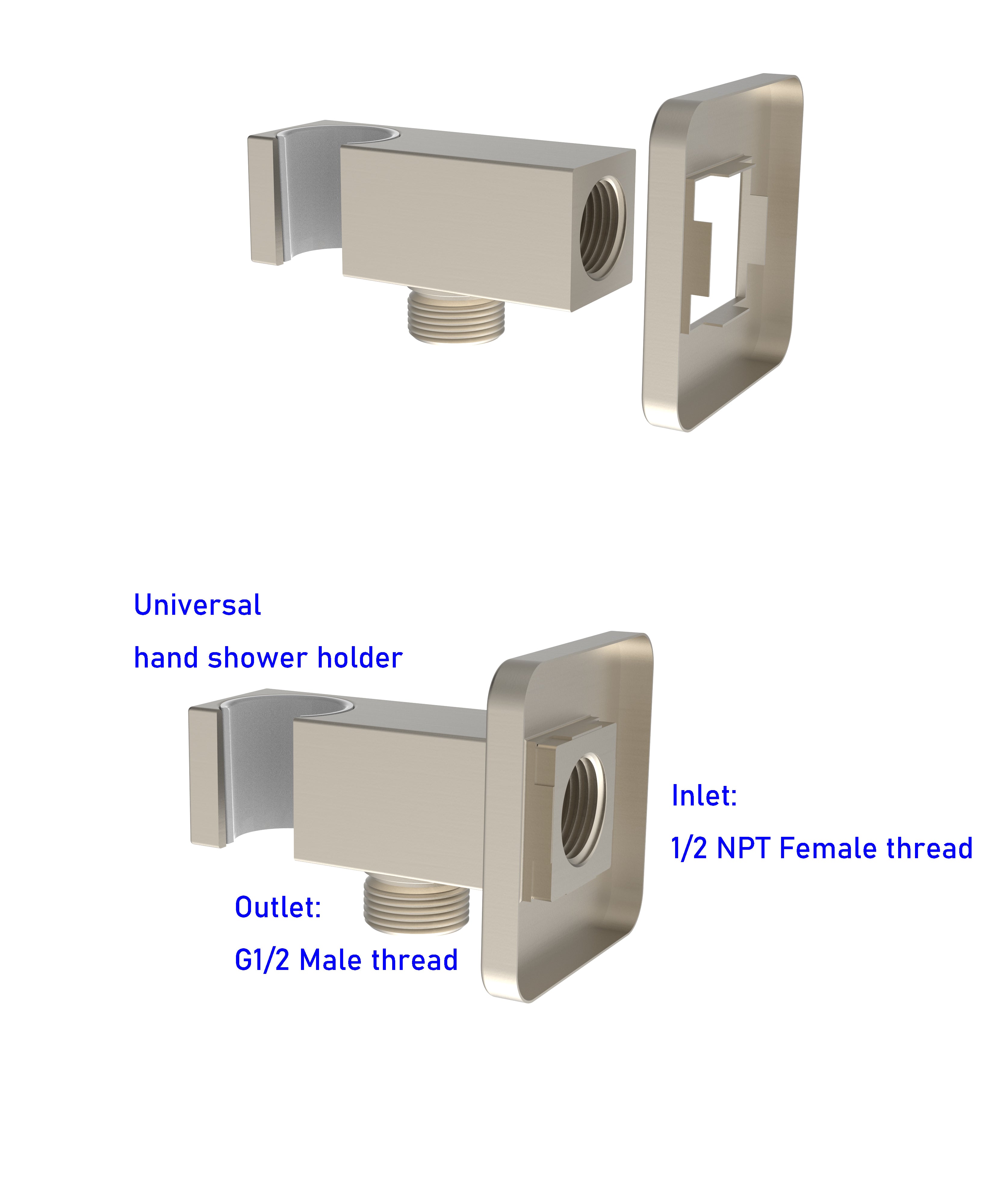 Aquaiaw Wall Supply Elbow with Flange, with Handheld Showerhead Holder by Side, Solid Brass, Square, Tapered 1/2 NPT Female Inlet, G1/2 Outlet, PVD Brushed Nickel