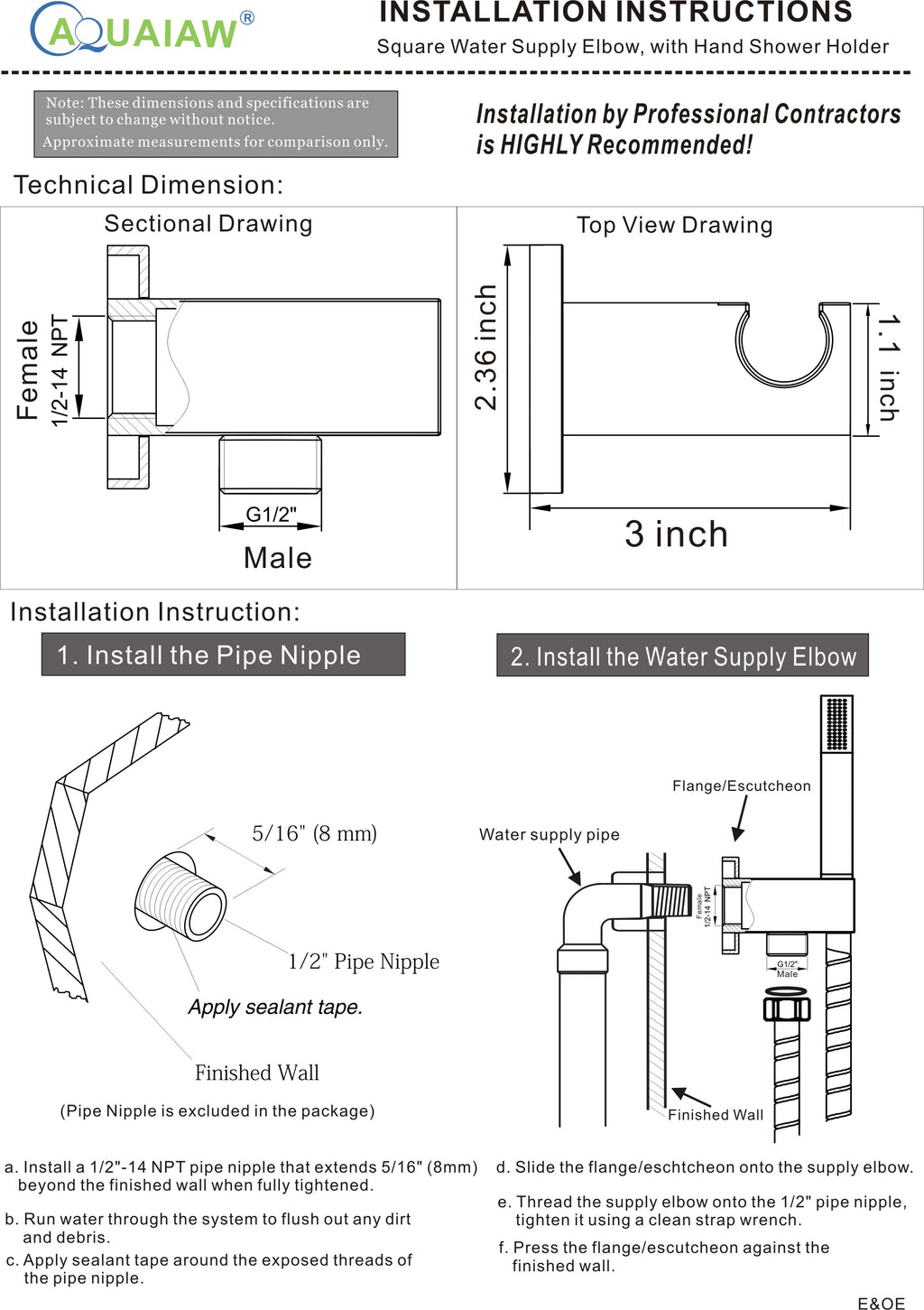Aquaiaw Wall Supply Elbow with Flange, with Handheld Showerhead Holder by Side, Solid Brass, Square, Tapered 1/2 NPT Female Inlet, G1/2 Outlet, Electroplate Matte Black