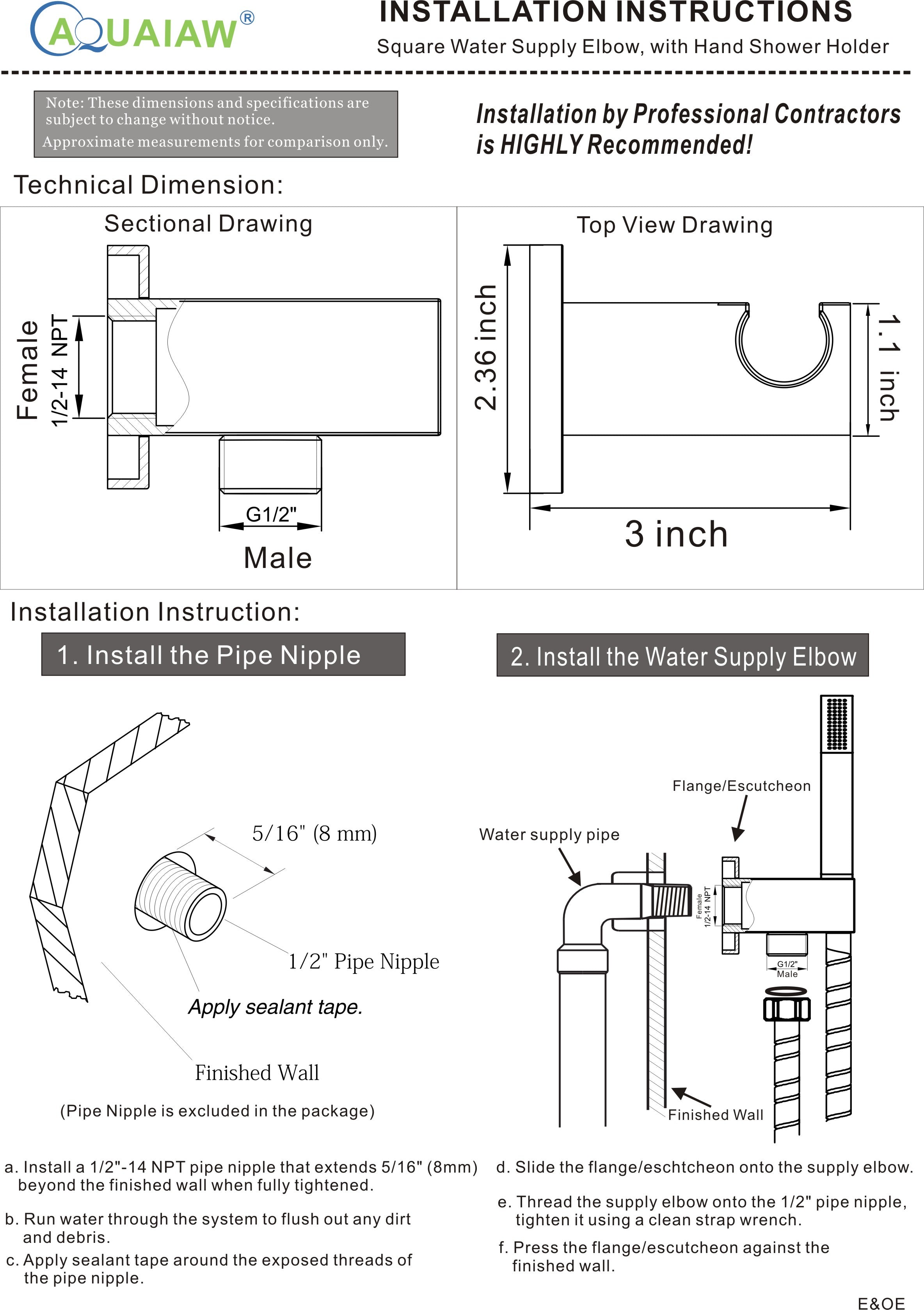 Aquaiaw Wall Supply Elbow with Flange, with Handheld Showerhead Holder by Side, Solid Brass, Square, Tapered 1/2 NPT Female Inlet, G1/2 Outlet, PVD Brushed Nickel